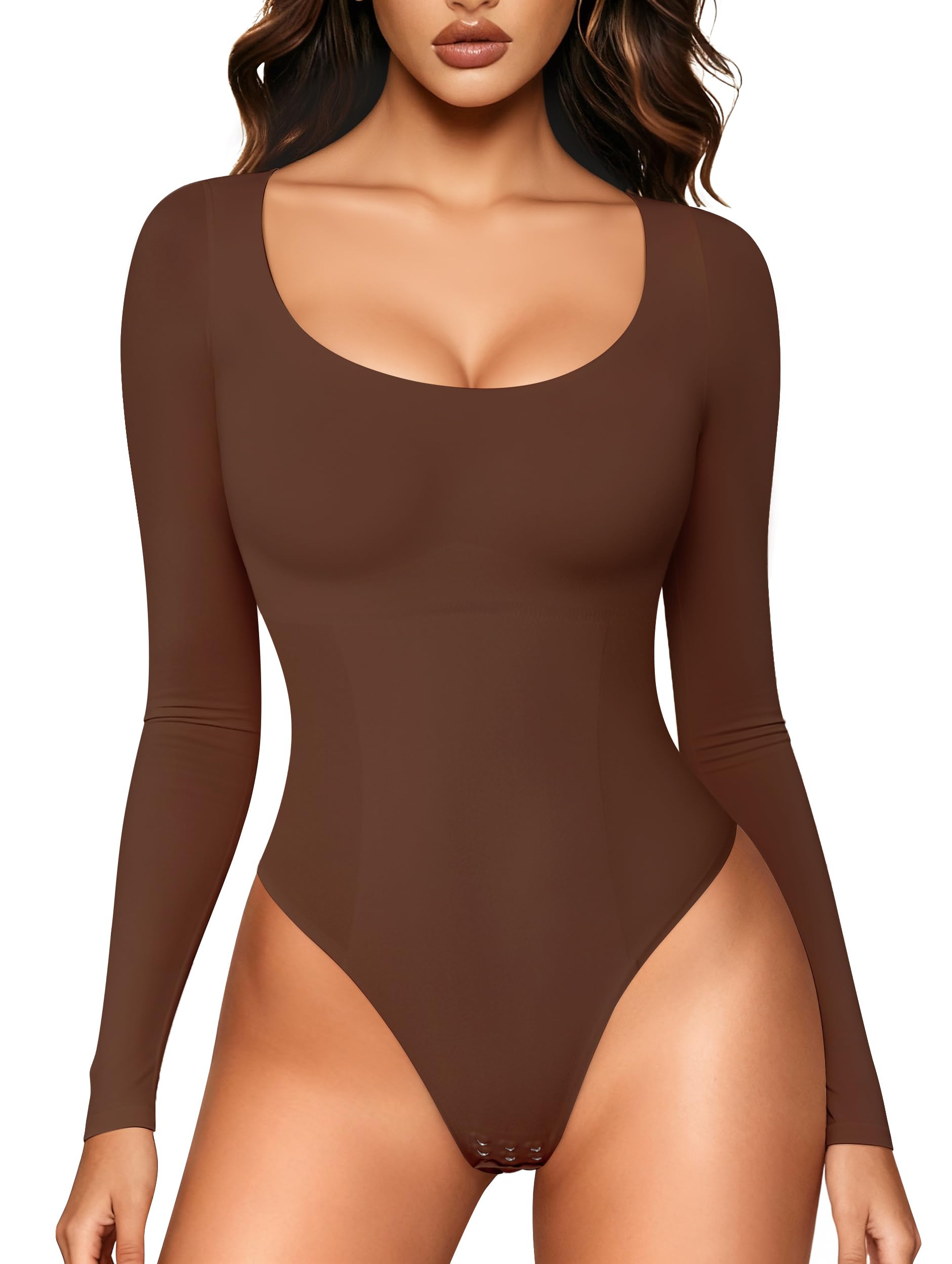 LODAY Long Sleeve Bodysuits for Women Scoop Neck Body Suits Light - image 1