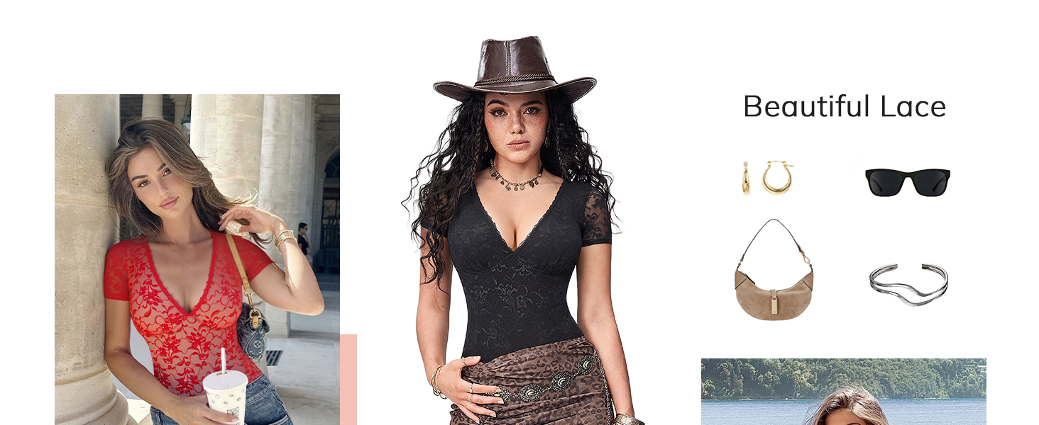LODAY Lace Bodysuit Short Sleeve Bodysuit for Women Deep V Neck Body Suits Double Lined Bodysuit Slim Fit