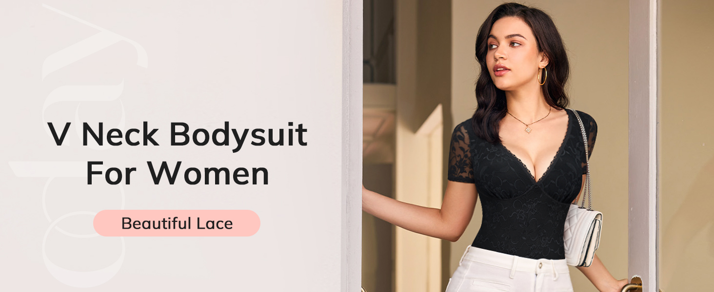 LODAY Lace Bodysuit Short Sleeve Bodysuit for Women Deep V Neck Body Suits Double Lined Bodysuit Slim Fit