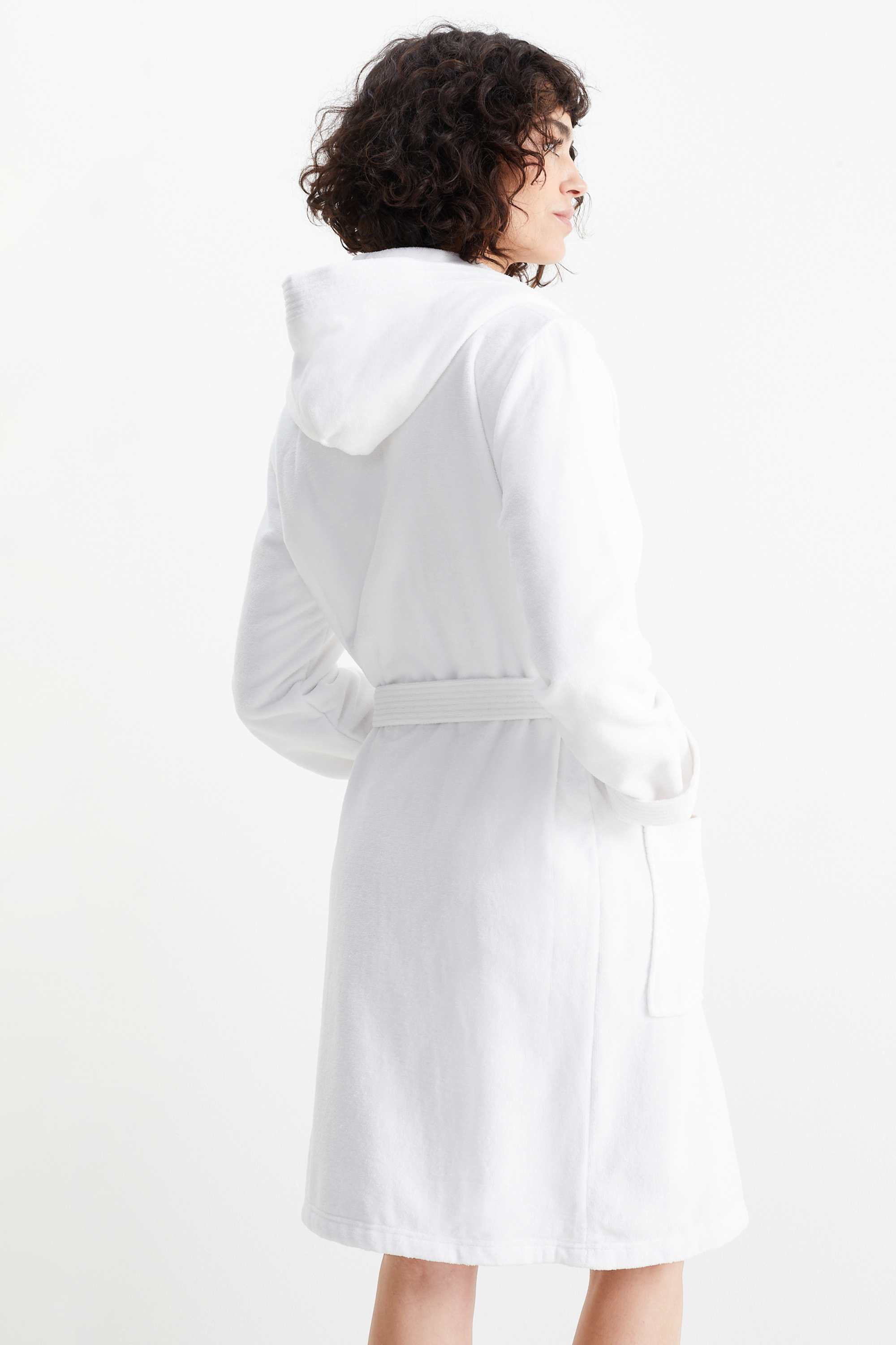 Terry cloth bathrobe with hood white