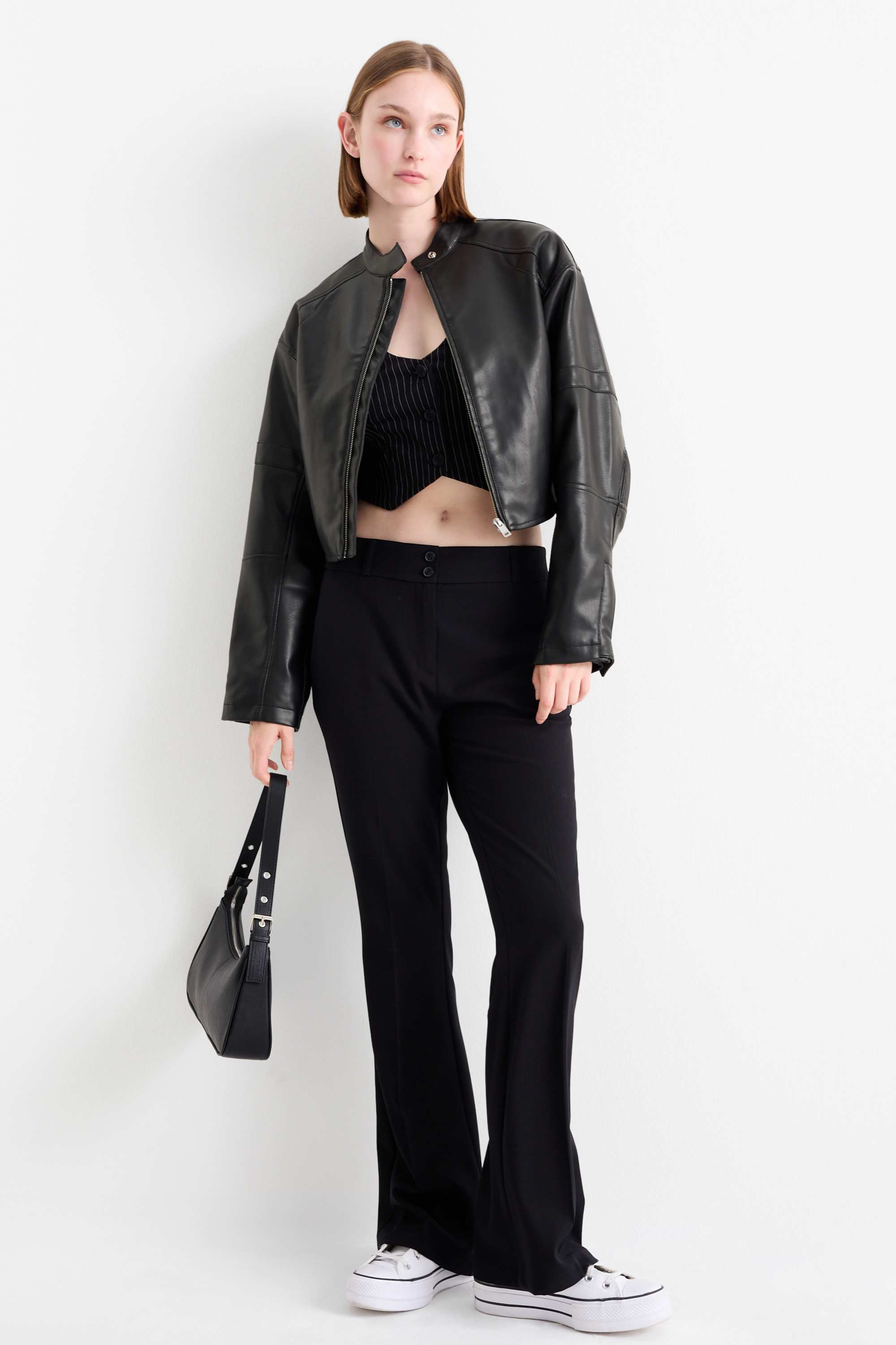 Cropped biker jacket - faux leather black
