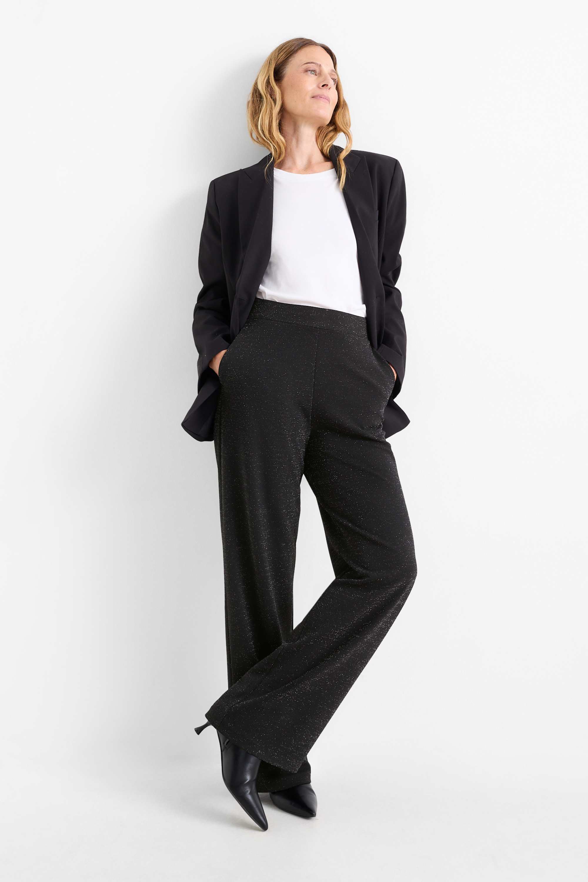 Jersey trousers - mid-rise waist - wide leg black