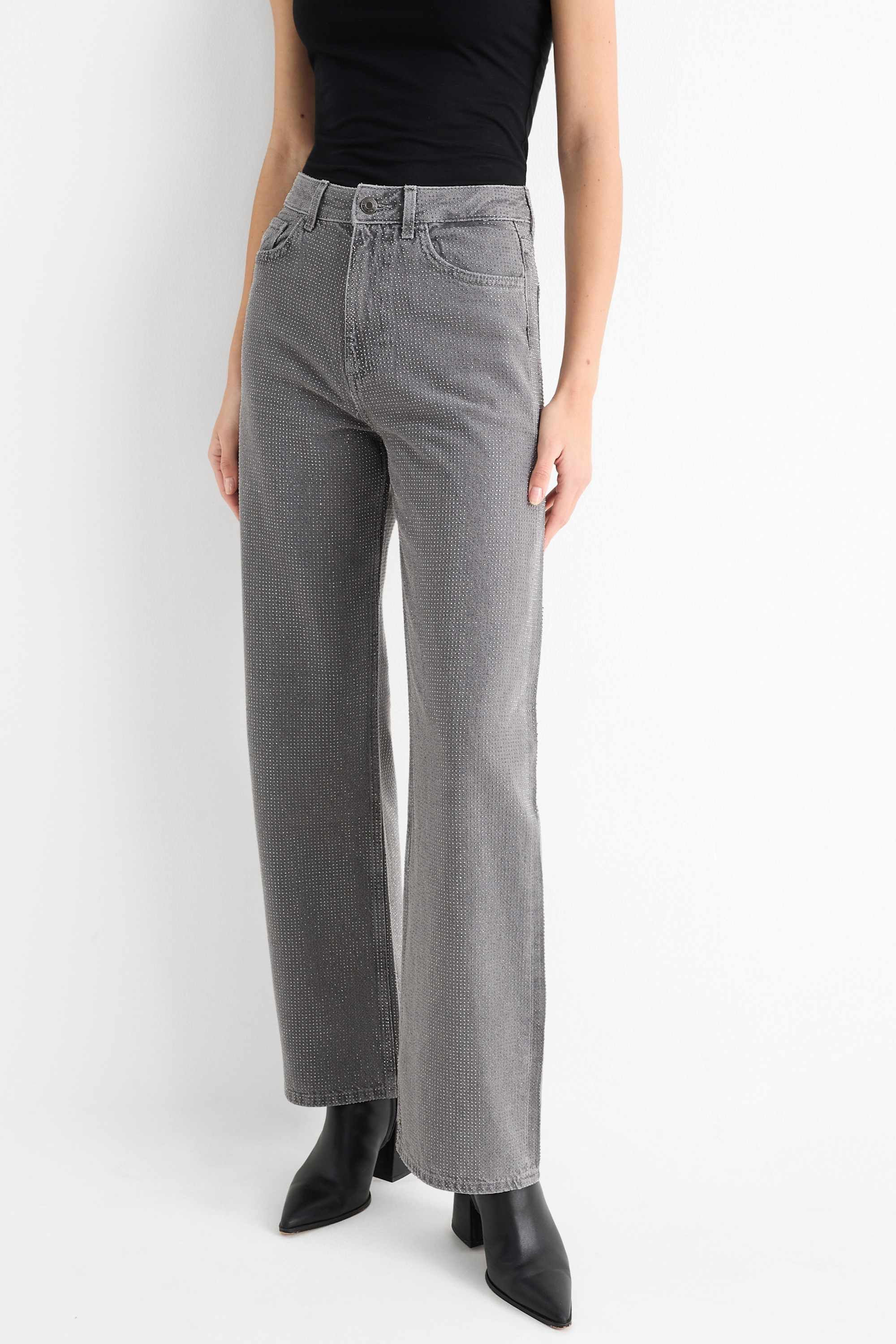 Loose fit jeans with rhinestones - high waist gray