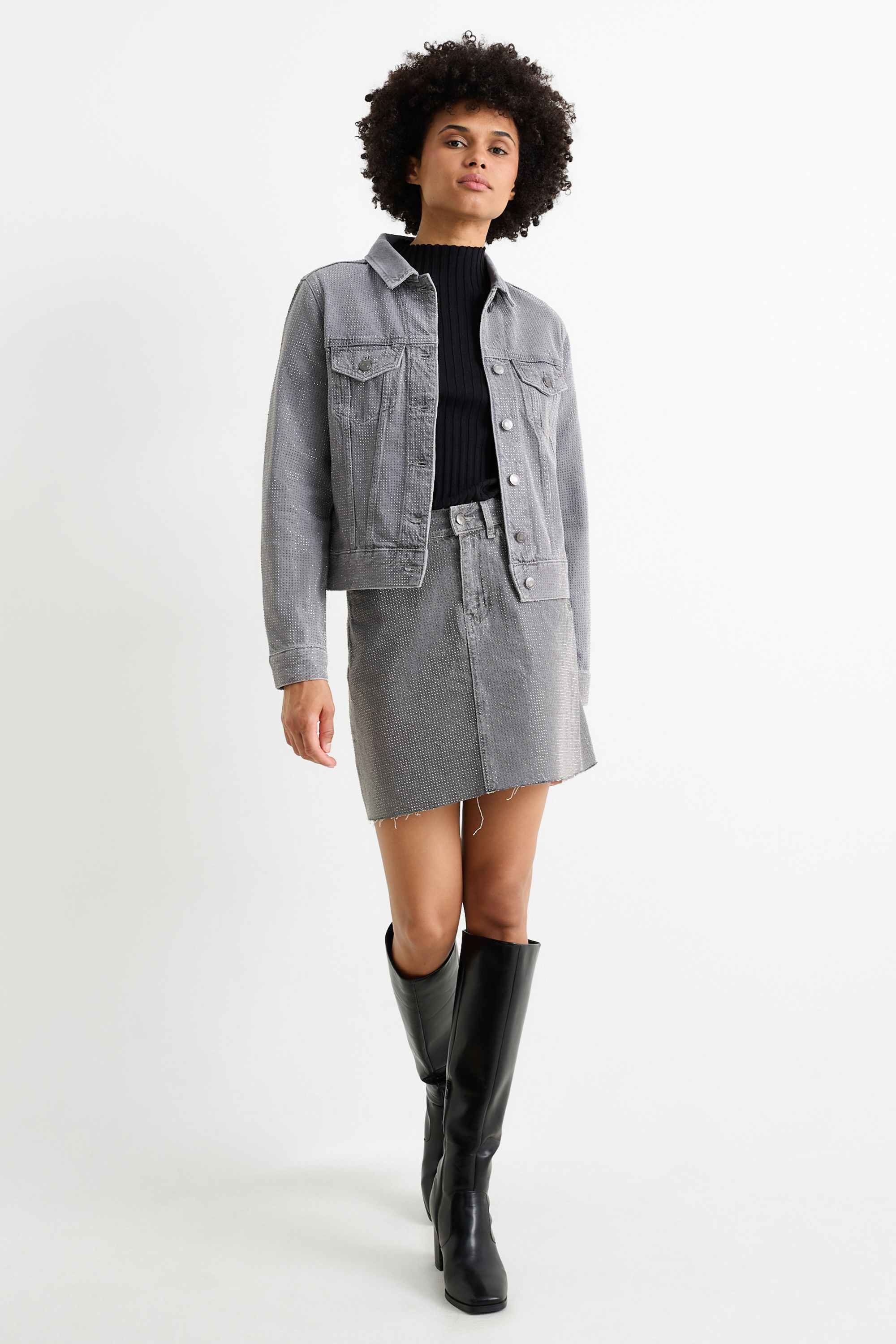 Denim miniskirt with rhinestones denim-gray