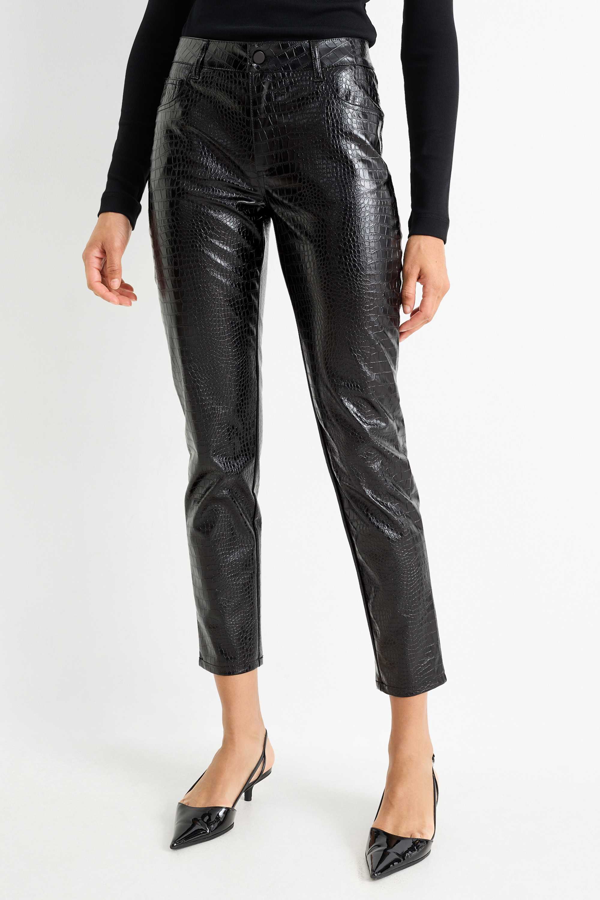 Trousers - mid-rise waist - slim fit - faux leather black