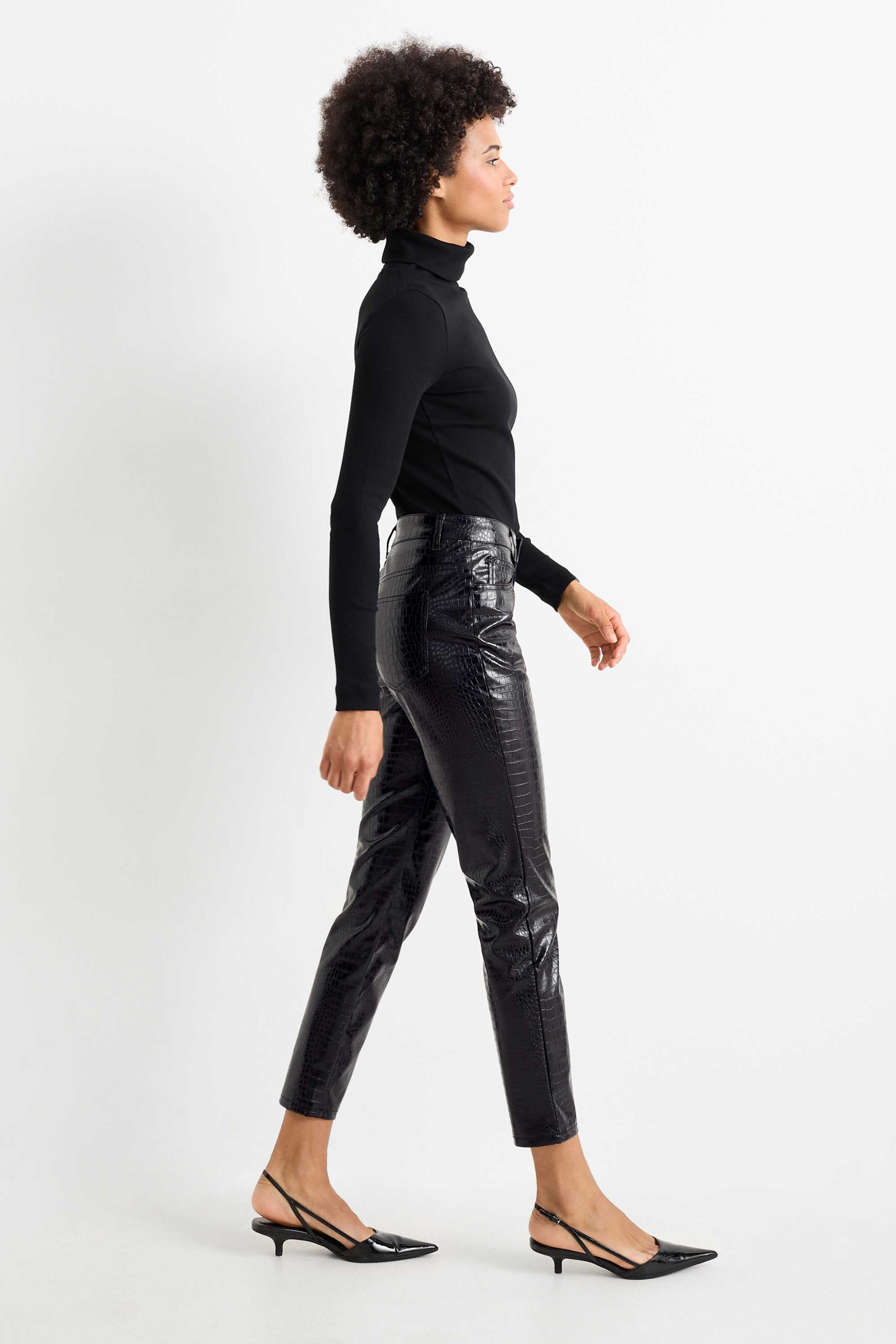Trousers - mid-rise waist - slim fit - faux leather black