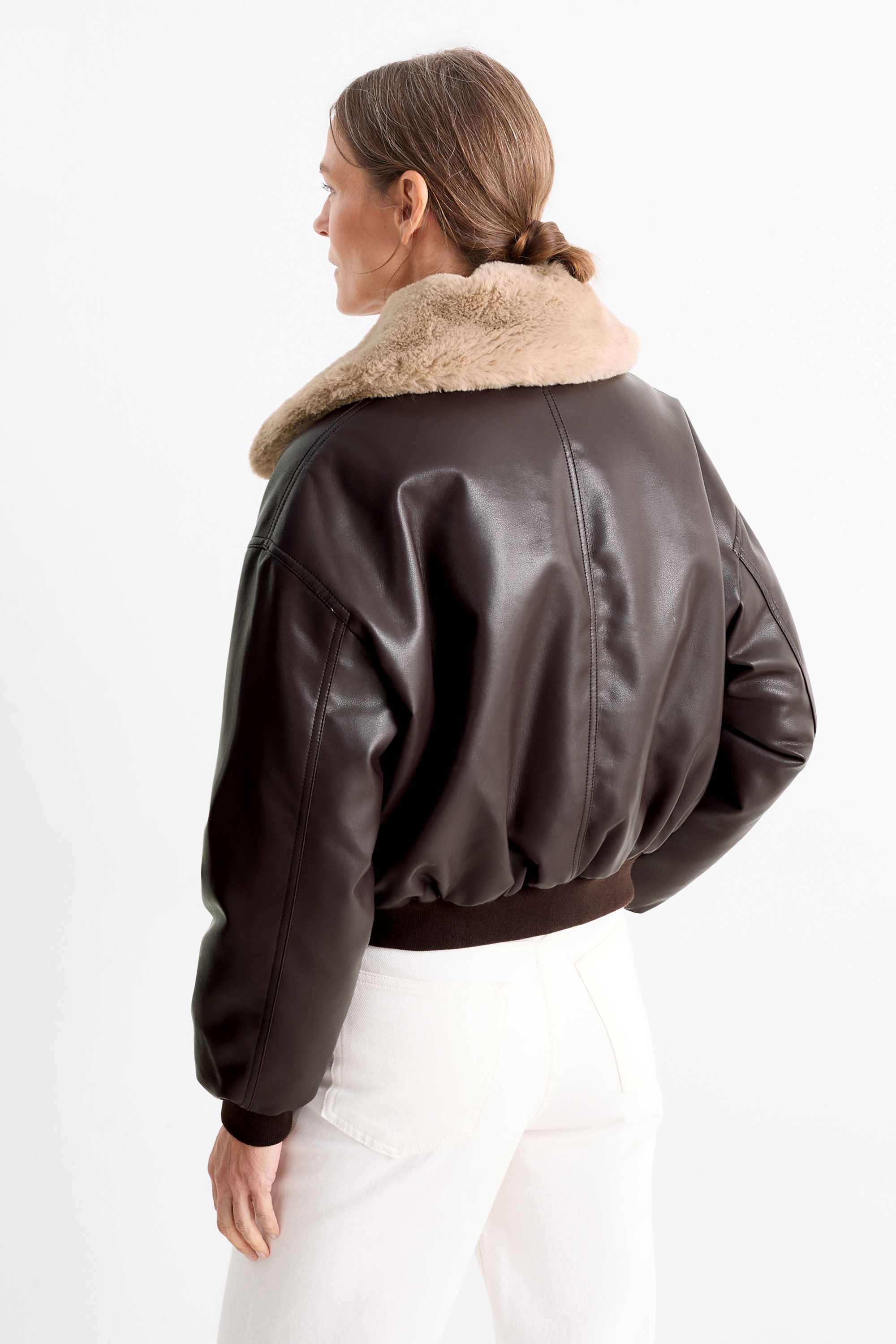 Bomber jacket with faux fur trim - faux leather dark brown