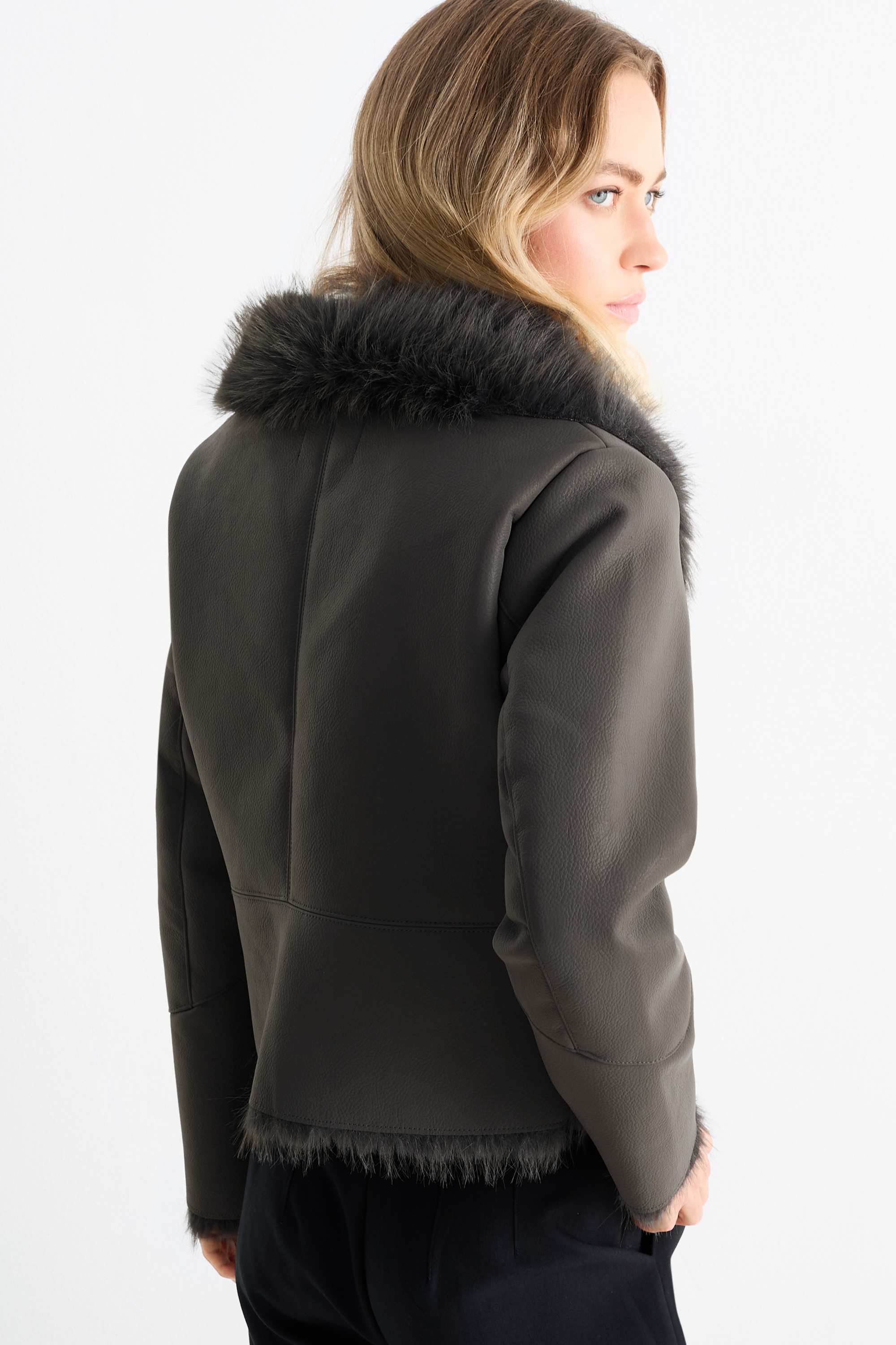 Faux shearling jacket - faux leather dark gray