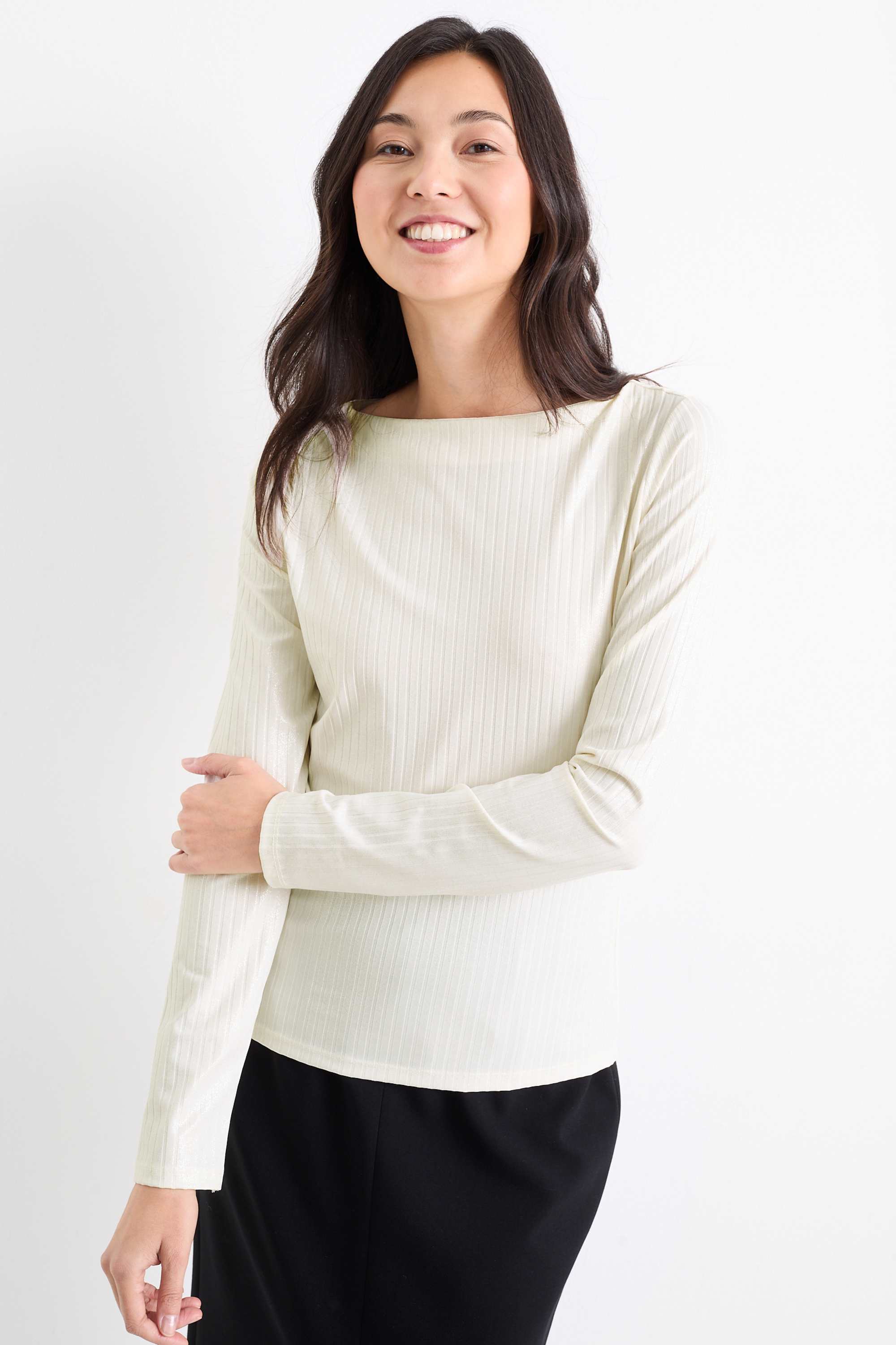 Long sleeve top - ribbed - shiny cremewhite