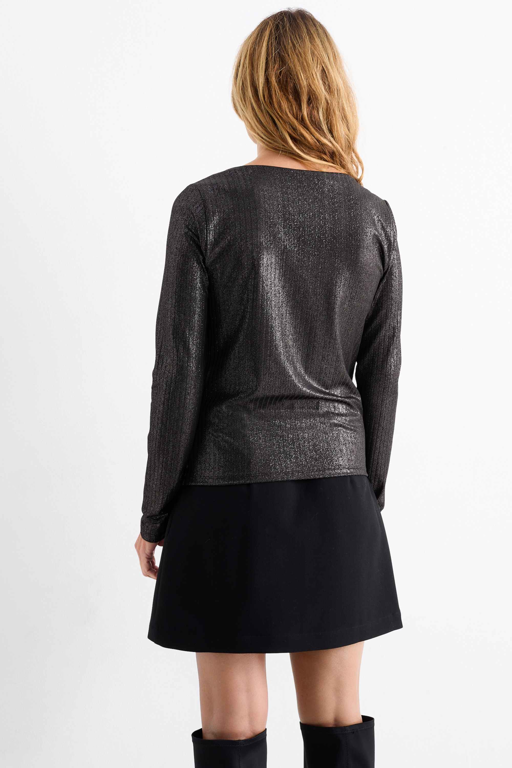 Long sleeve top - ribbed - shiny black