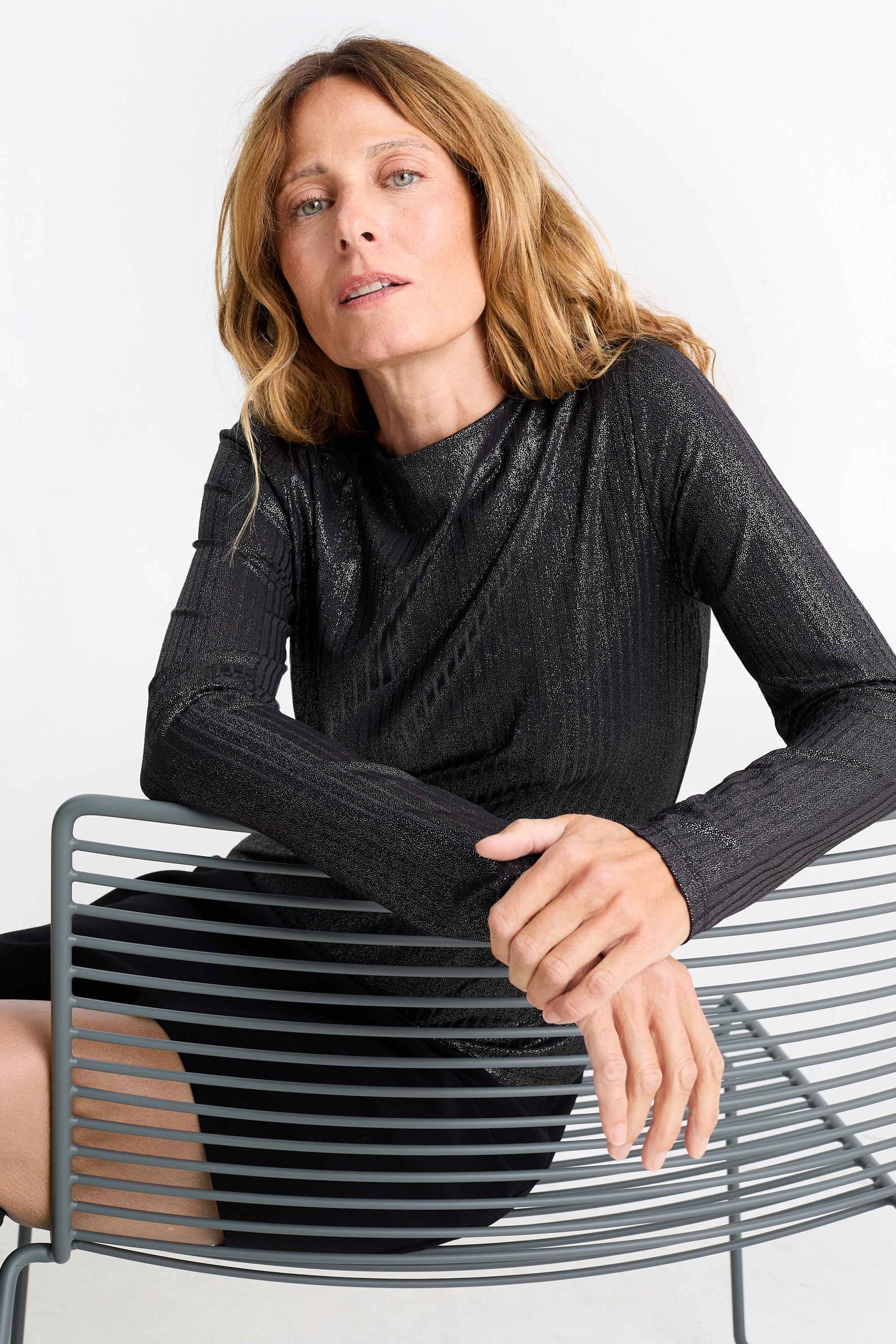 Long sleeve top - ribbed - shiny black
