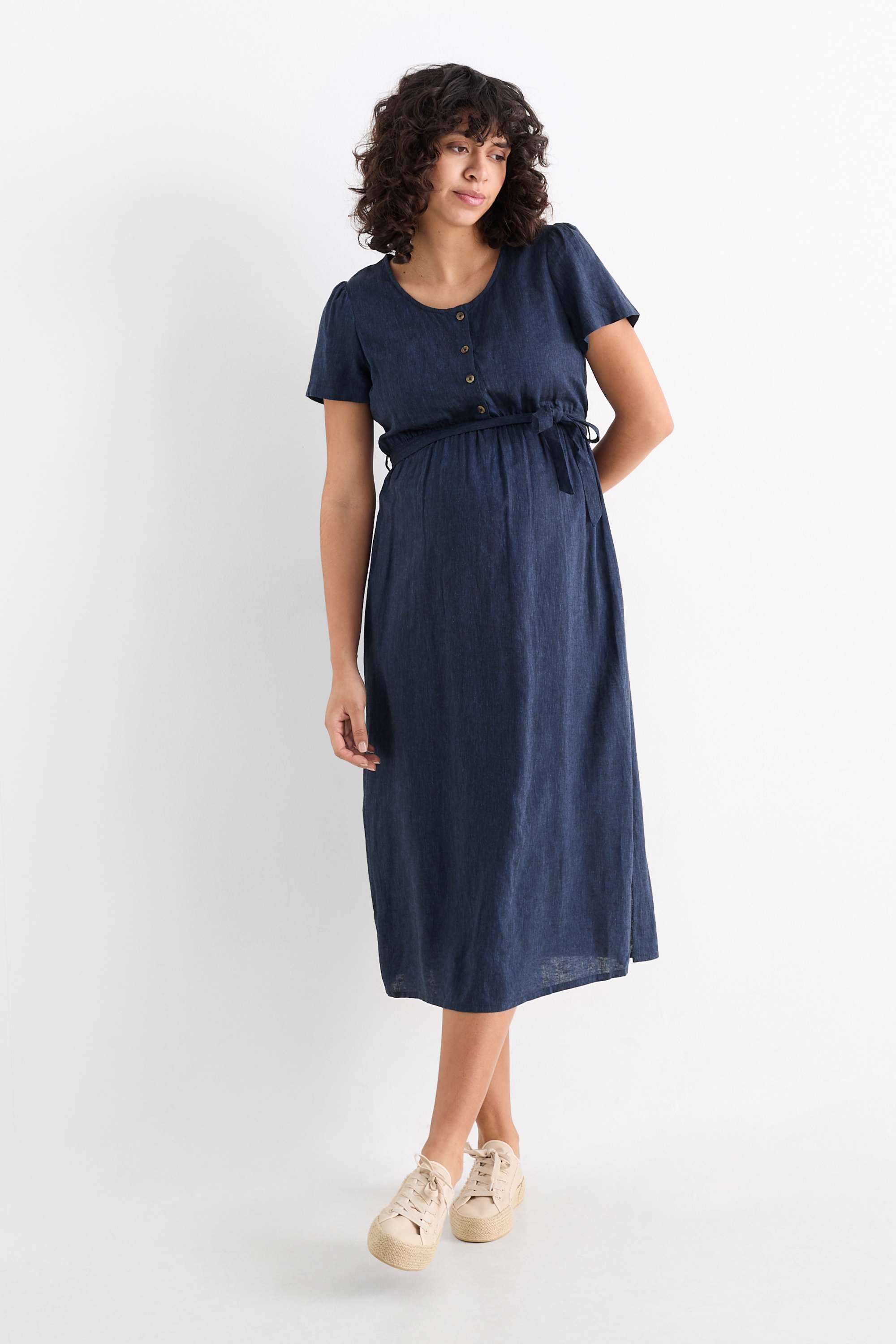 Nursing dress - linen blend dark blue