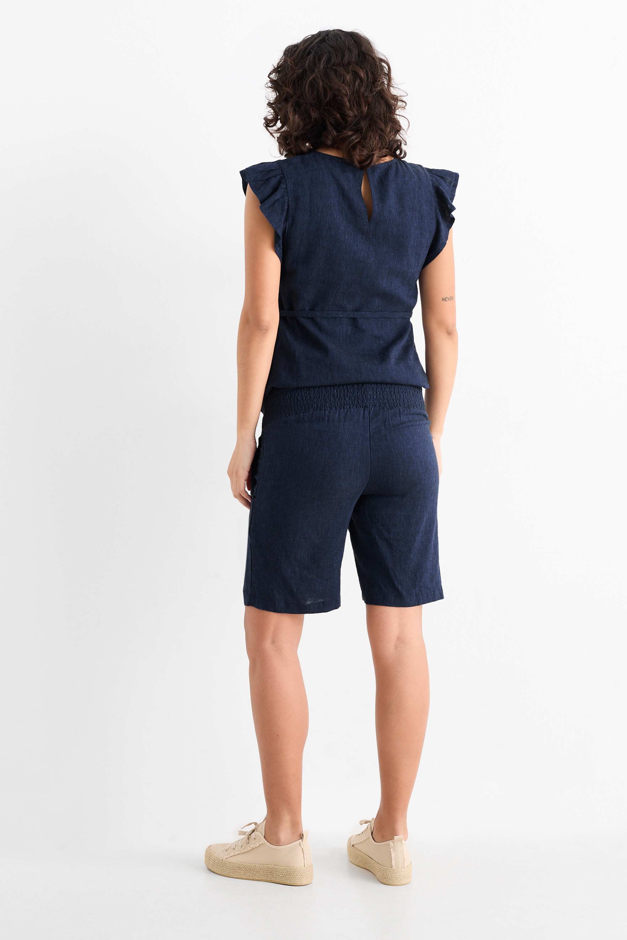 Maternity Bermuda shorts - linen blend - smocked dark blue