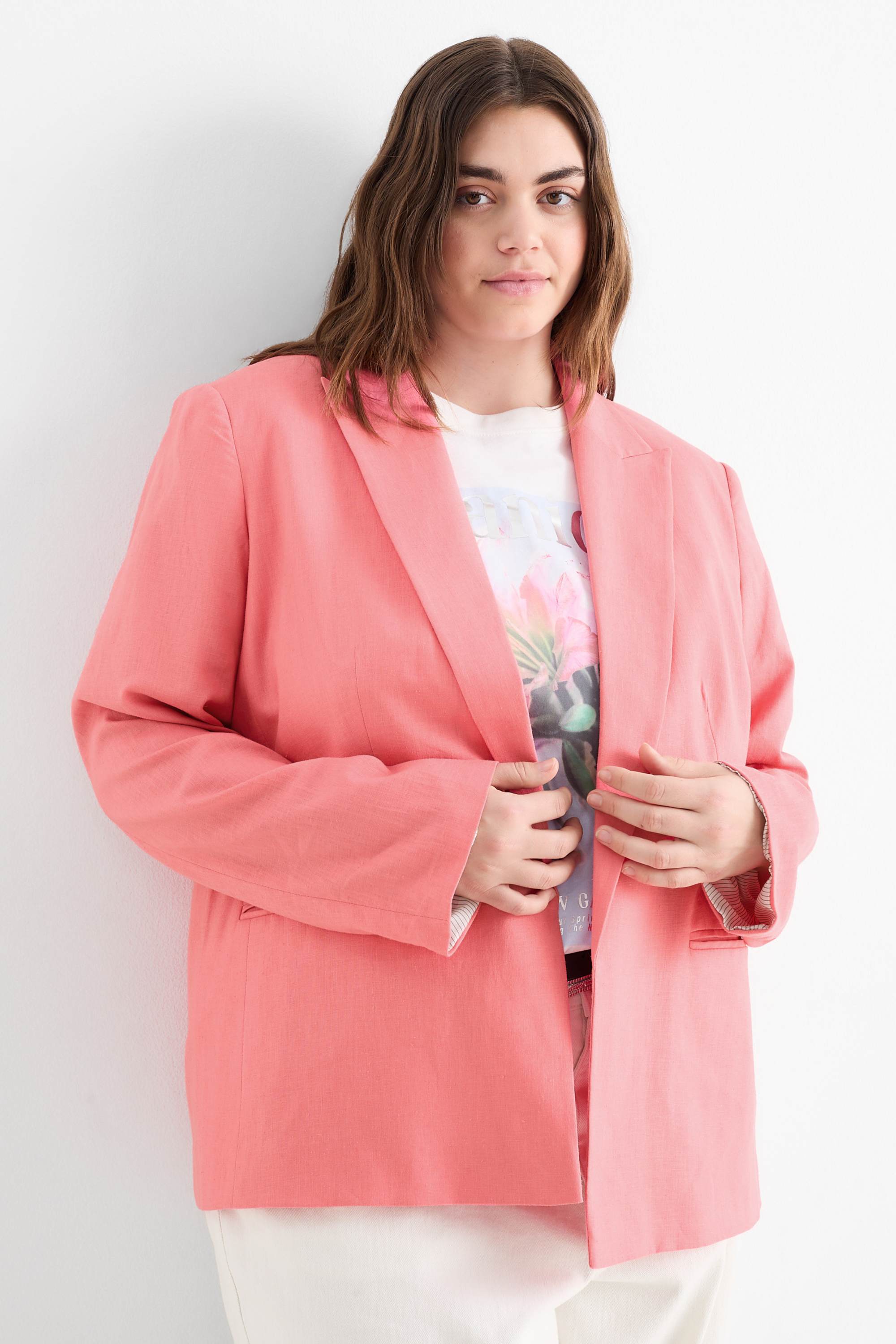 Long blazer - relaxed fit - linen blend rose-melange