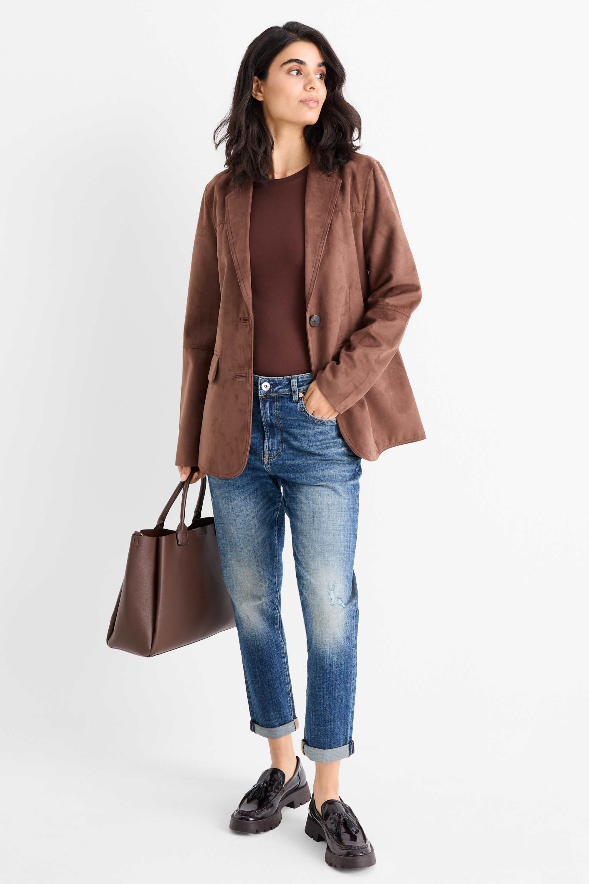 Long blazer - regular fit - faux suede light brown