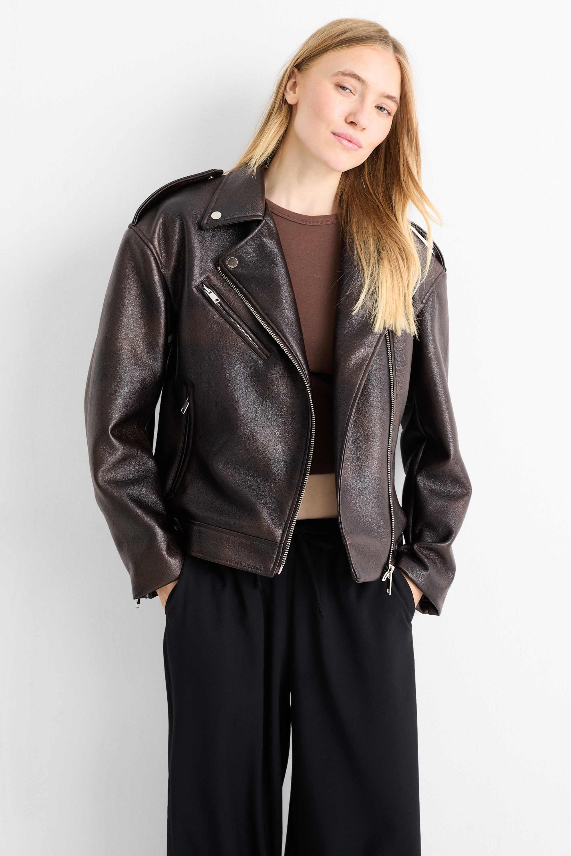 Biker jacket - faux leather dark brown