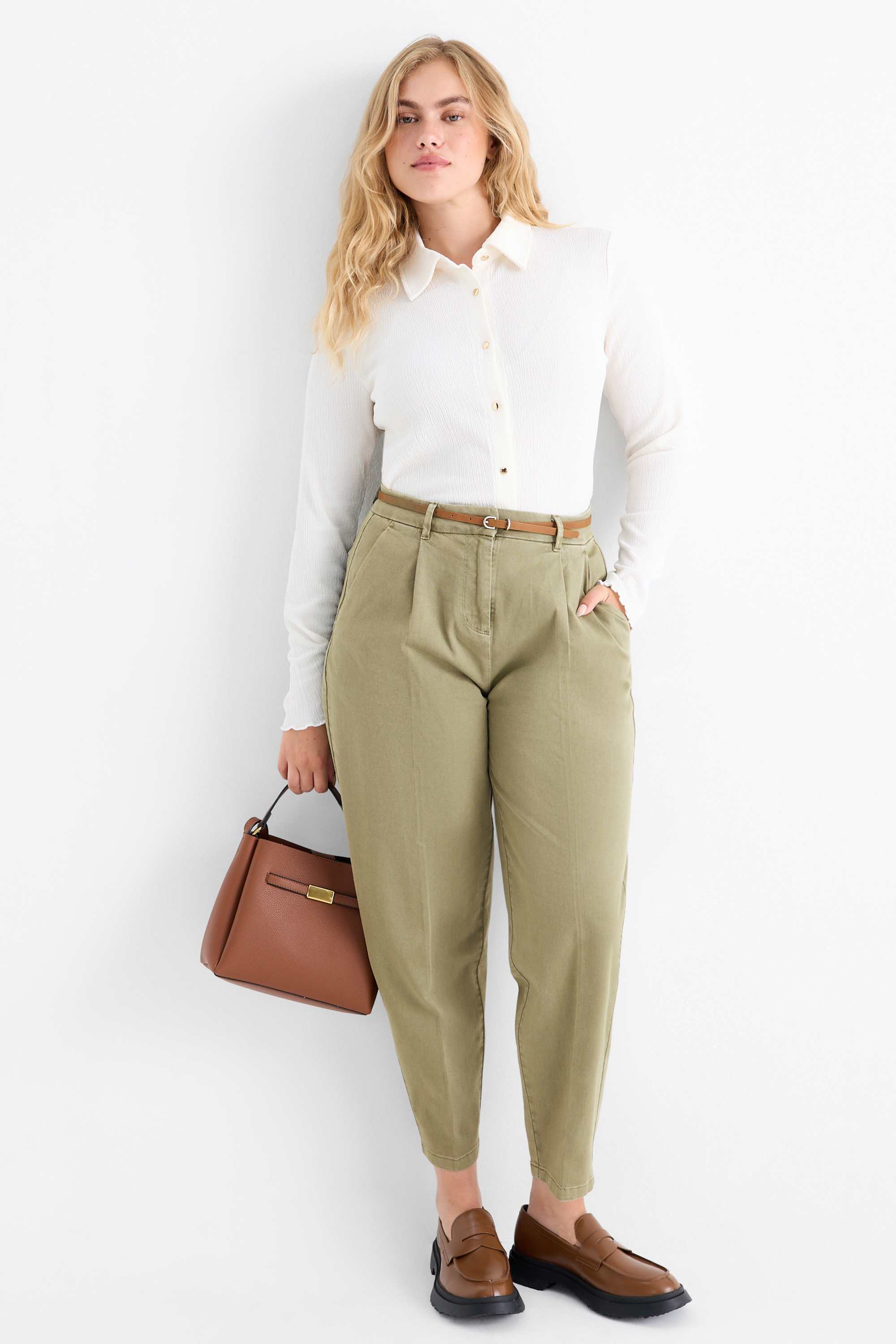 Cloth trousers with belt - high waist - barrel leg khaki