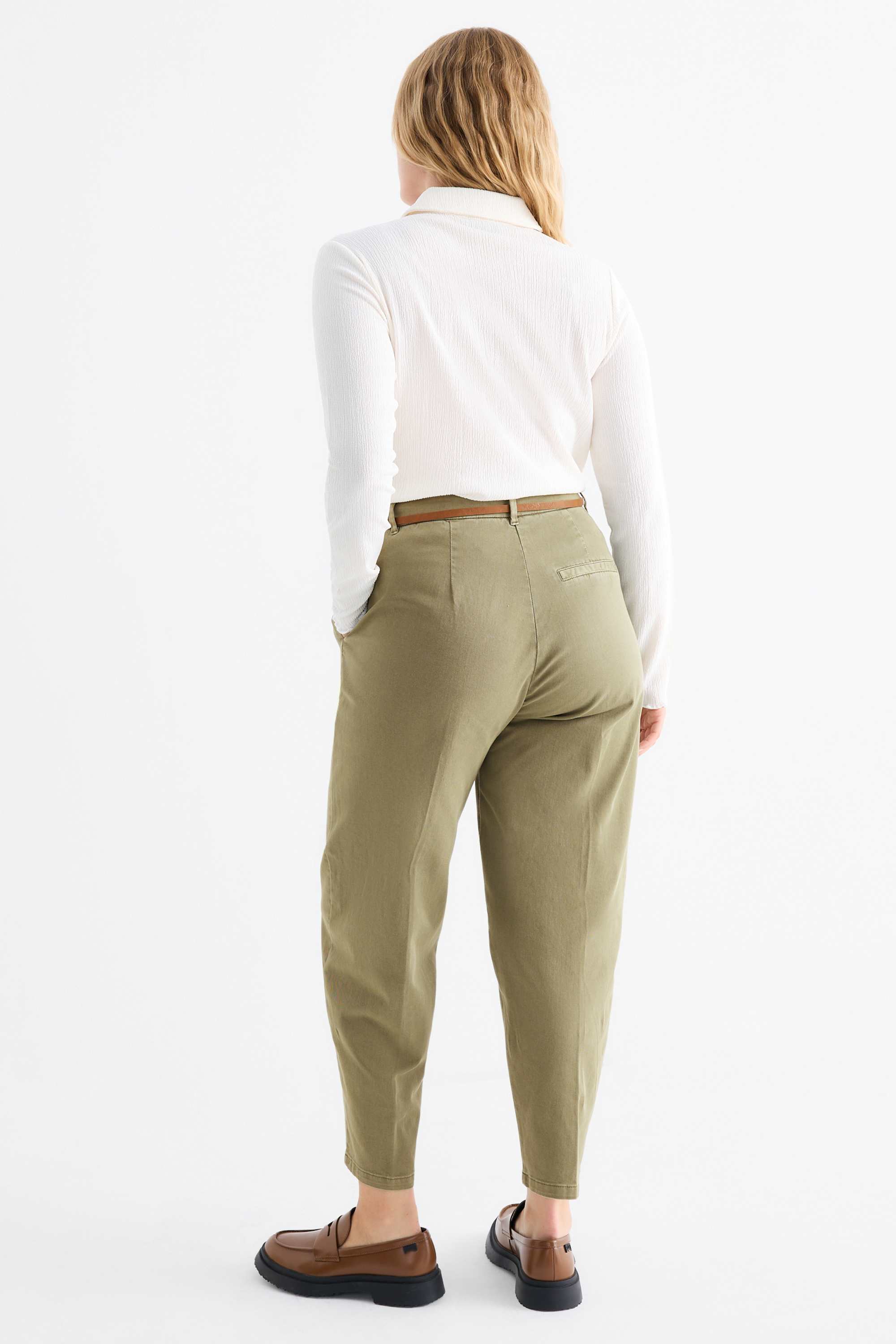 Cloth trousers with belt - high waist - barrel leg khaki