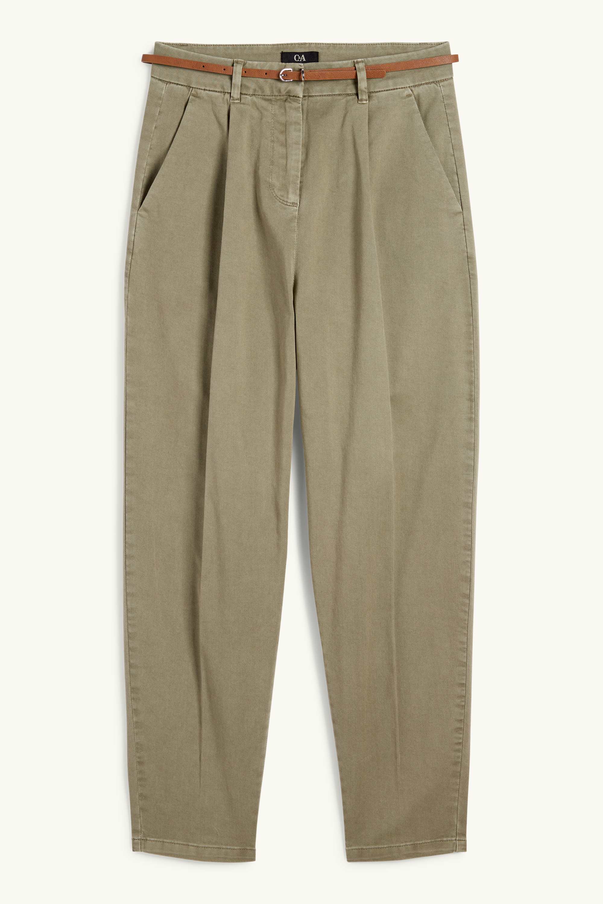 Cloth trousers with belt - high waist - barrel leg khaki