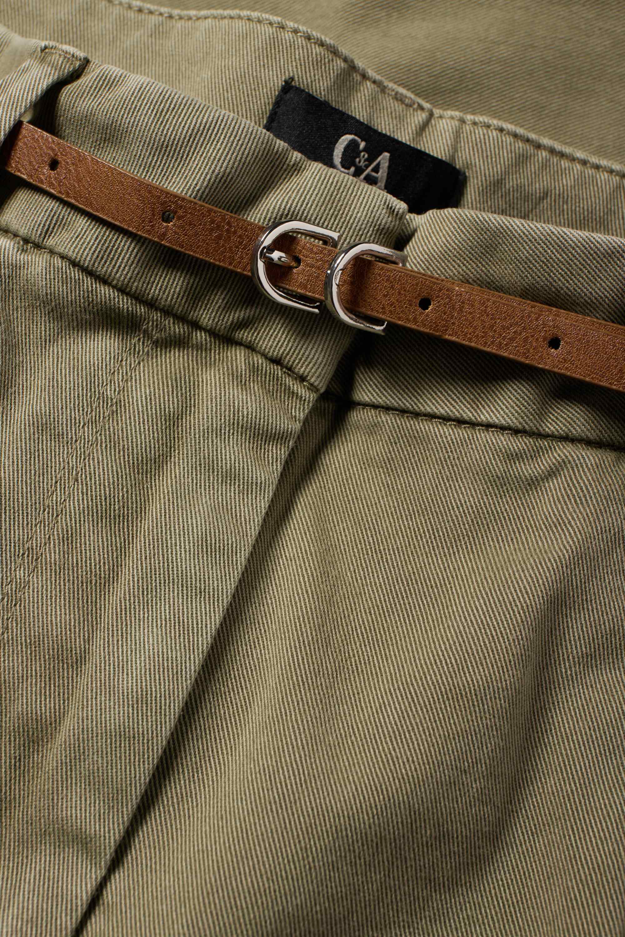 Cloth trousers with belt - high waist - barrel leg khaki