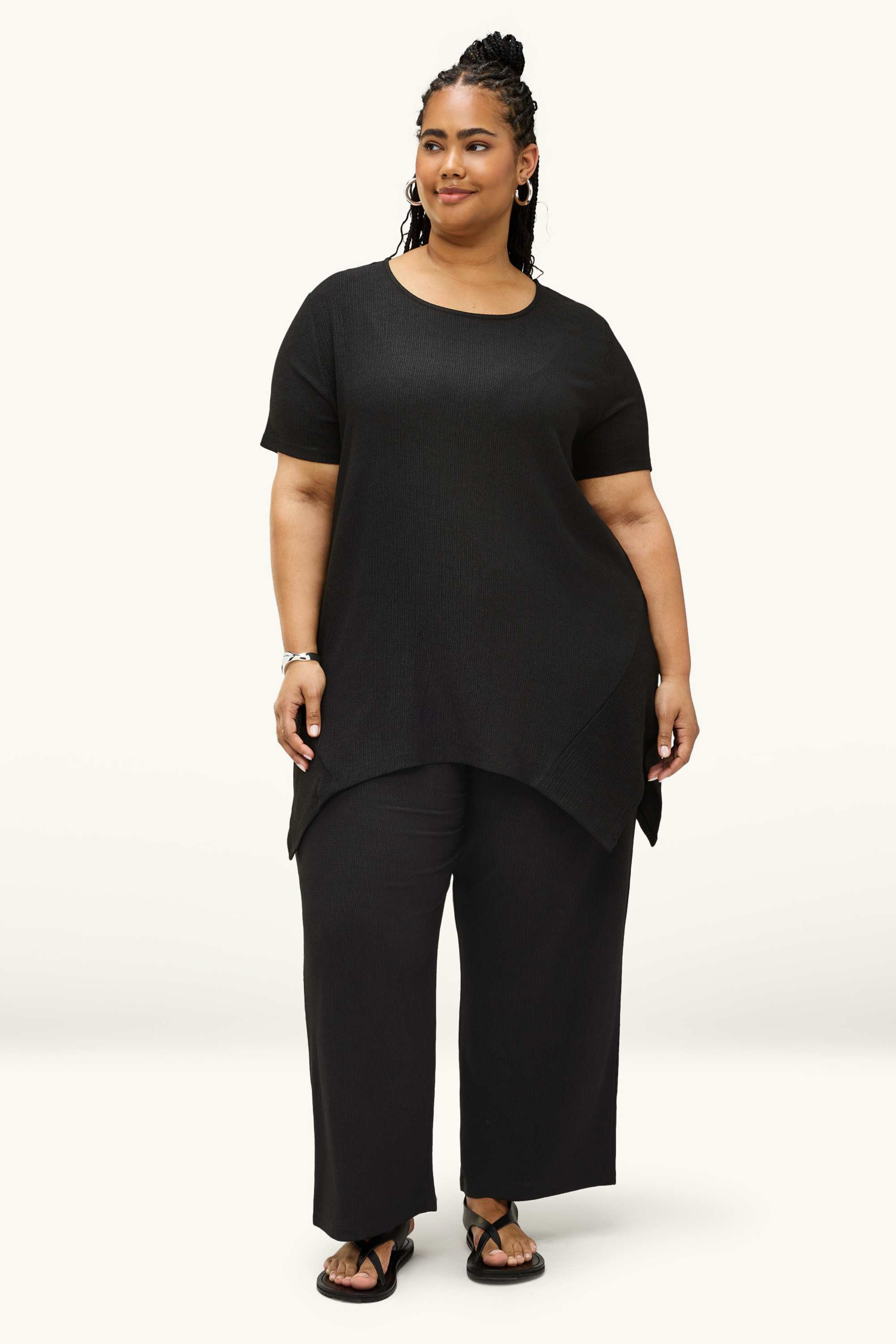 Jersey trousers - mid-rise waist - wide leg - textured black (2)