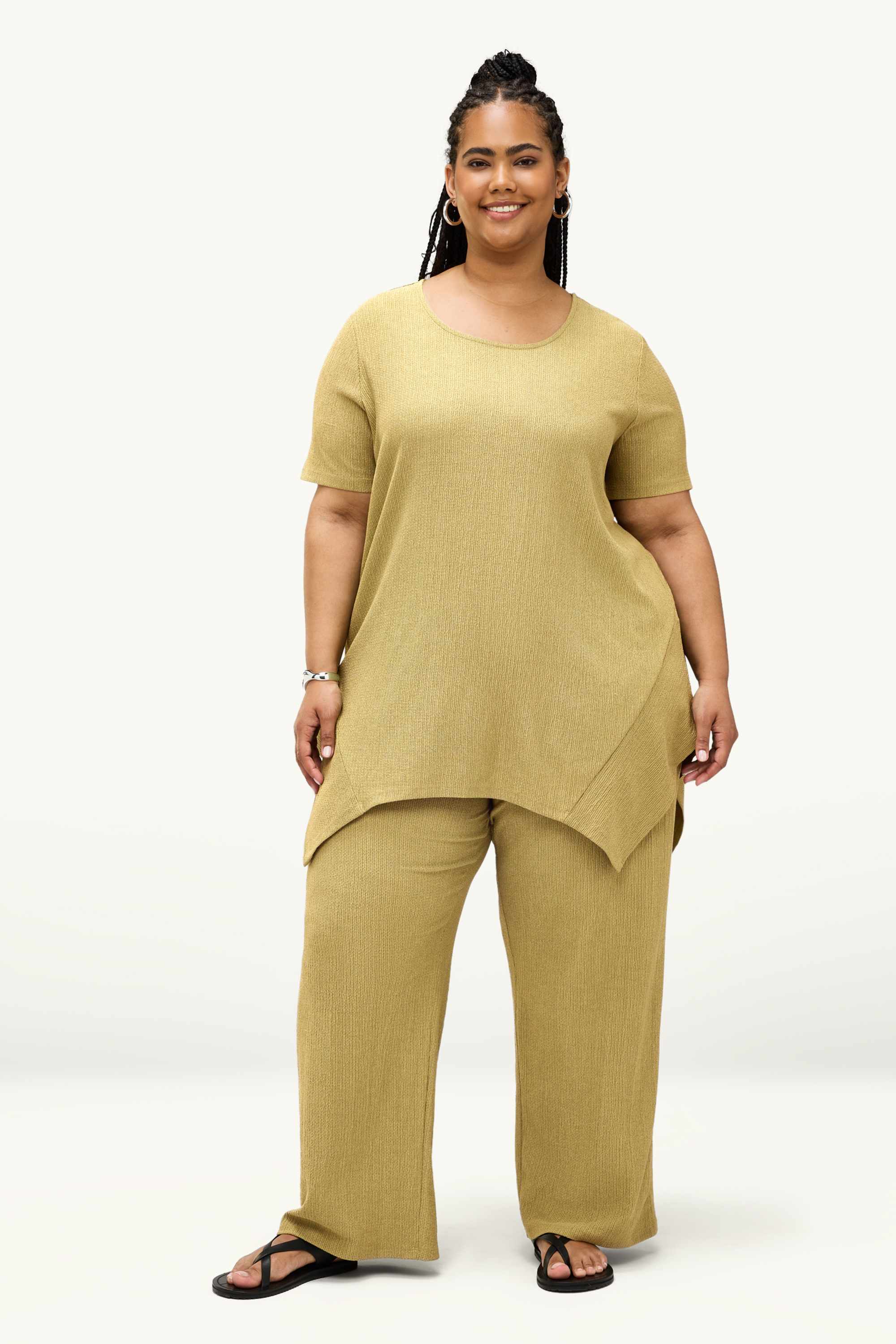 Jersey trousers - mid-rise waist - wide leg - textured light green