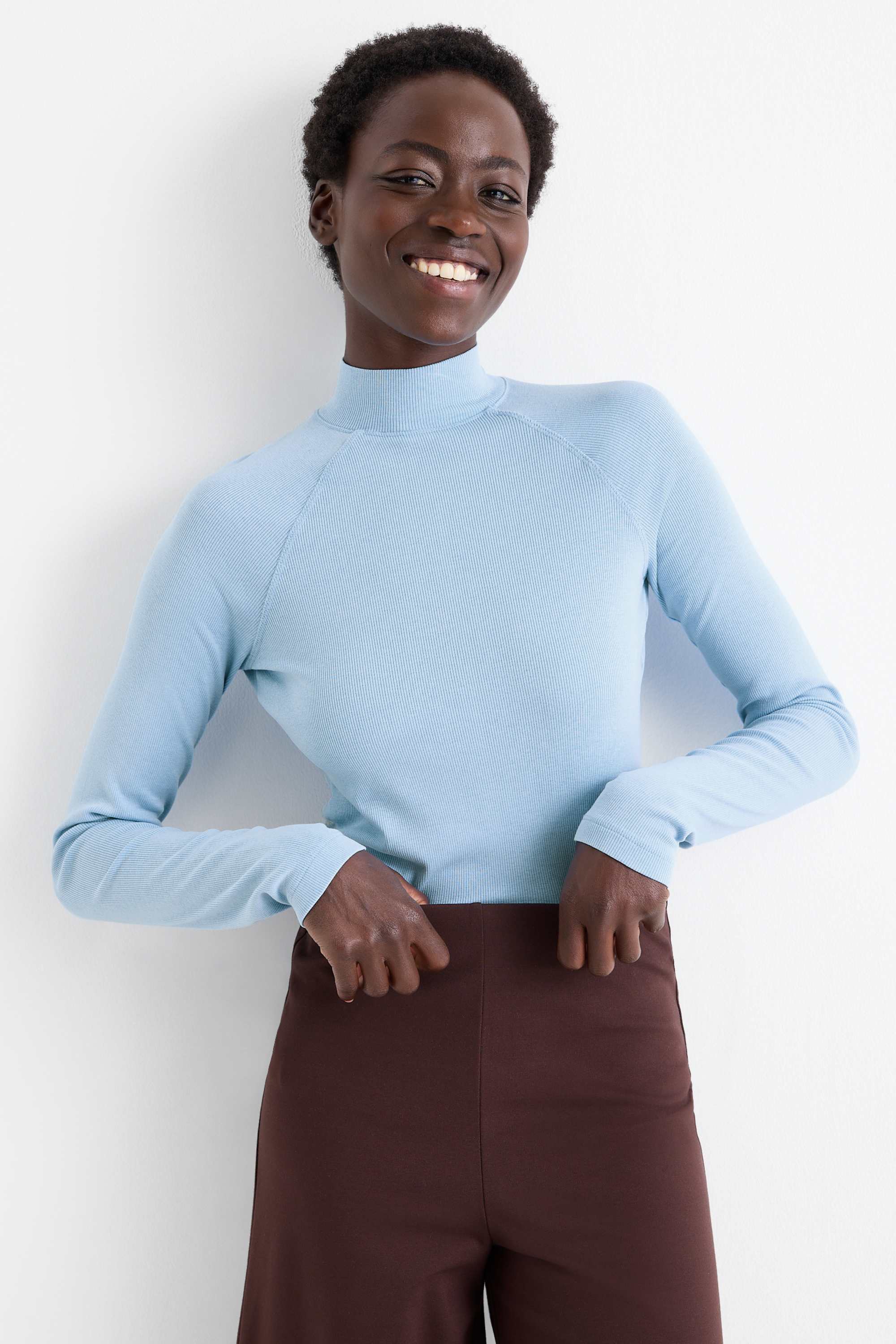 Long sleeve top - slim fit - ribbed light blue