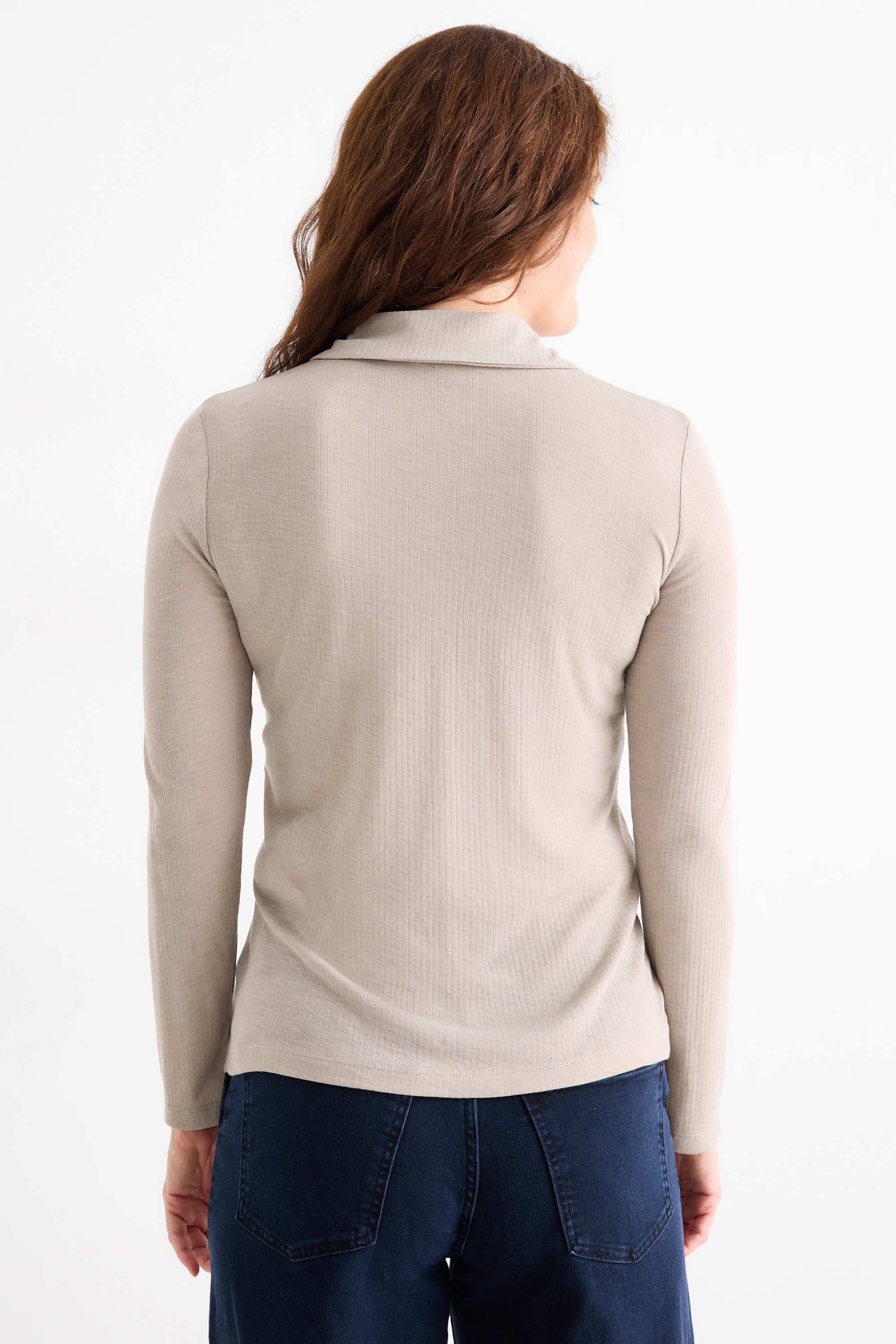 Long sleeve polo shirt - regular fit - ribbed beige