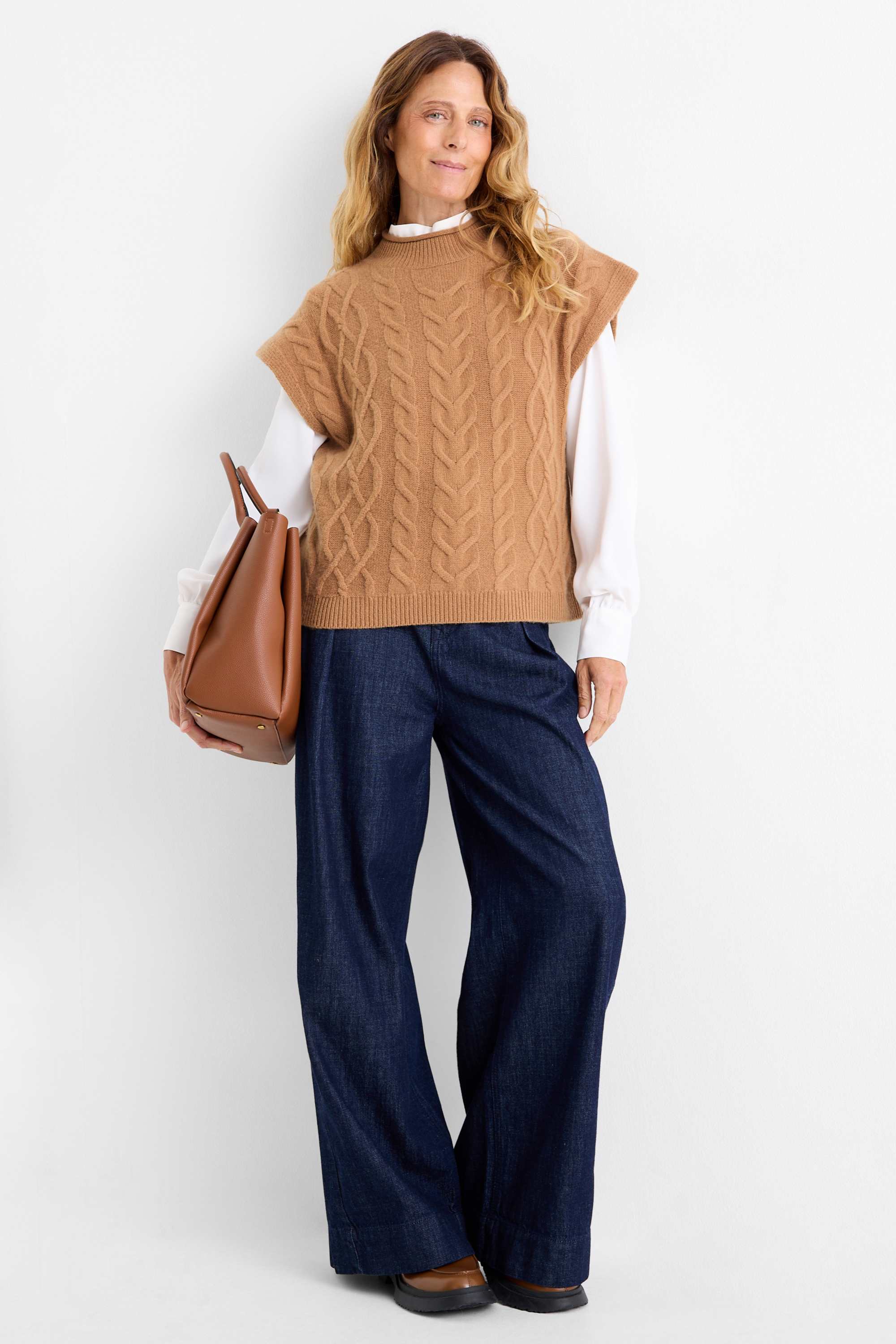 Knitted jumper with cashmere content - short sleeve - wool blend light brown