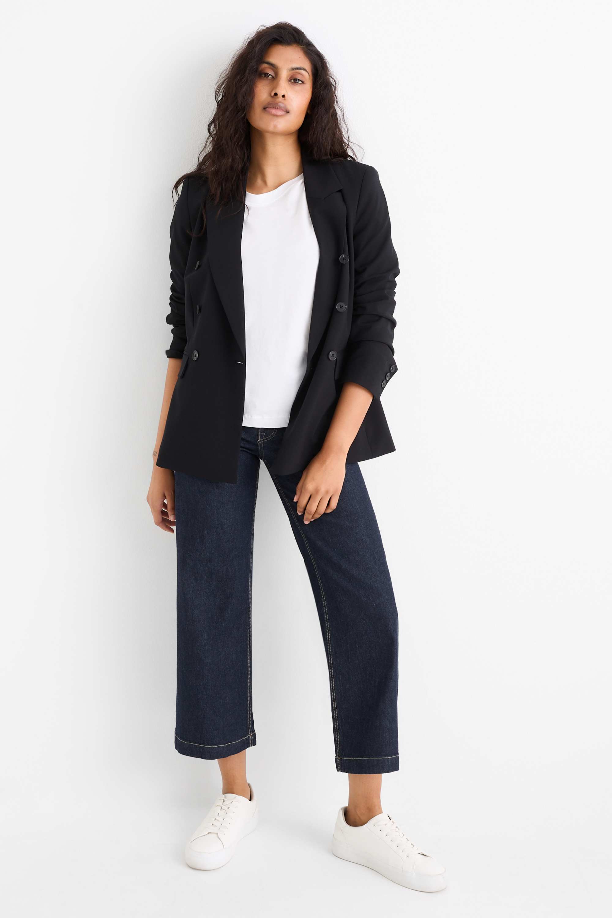 Cropped wide leg jeans - mid-rise waist denim-dark blue (1)