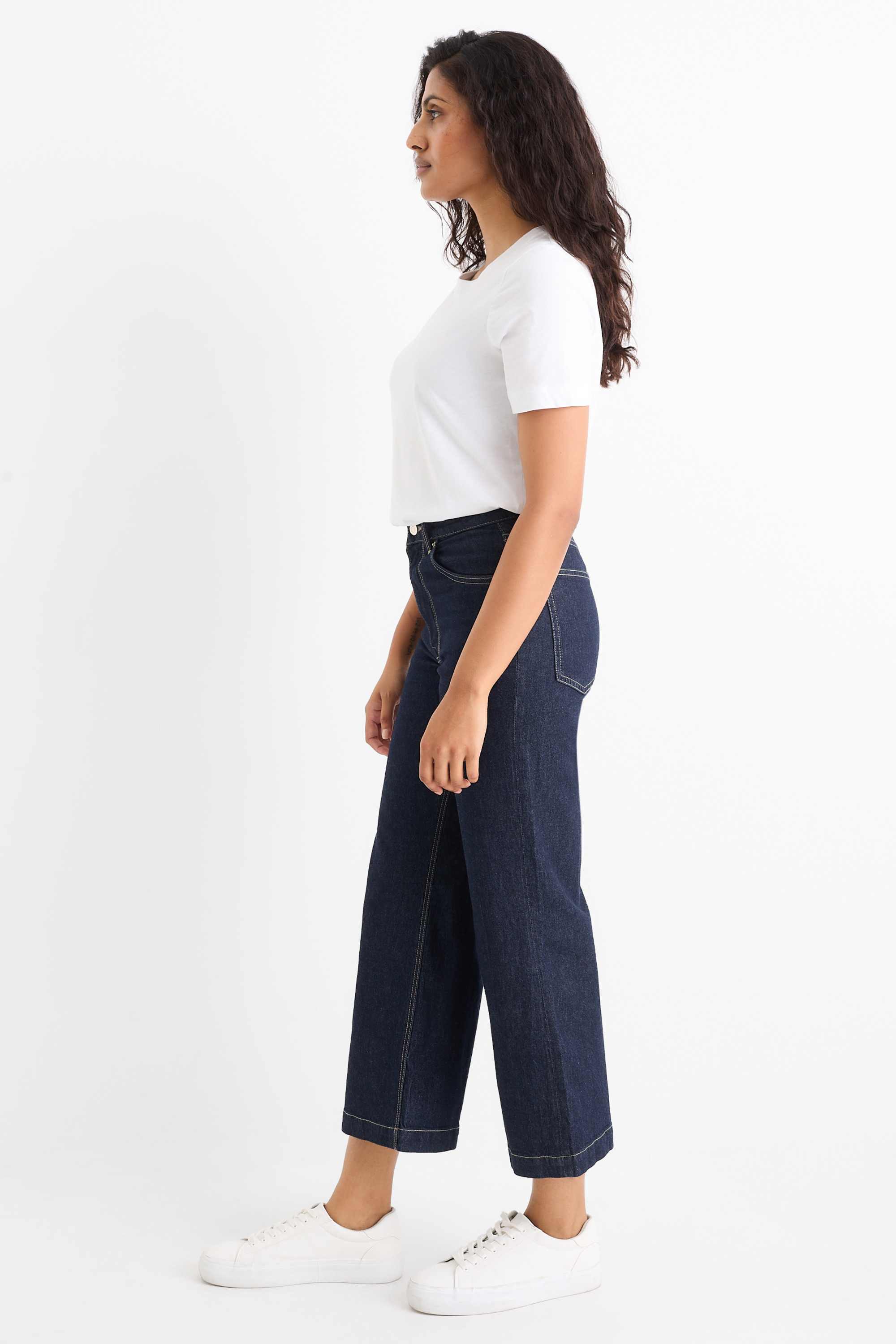 Cropped wide leg jeans - mid-rise waist denim-dark blue (1)