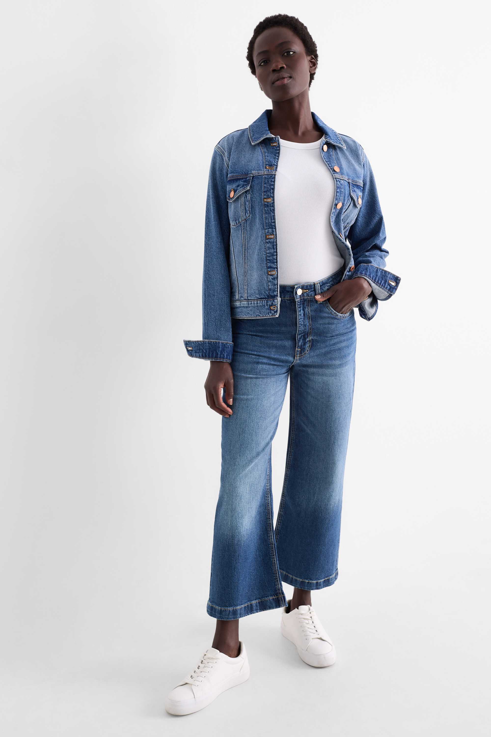 Cropped wide leg jeans - mid-rise waist denim-dark blue (2)