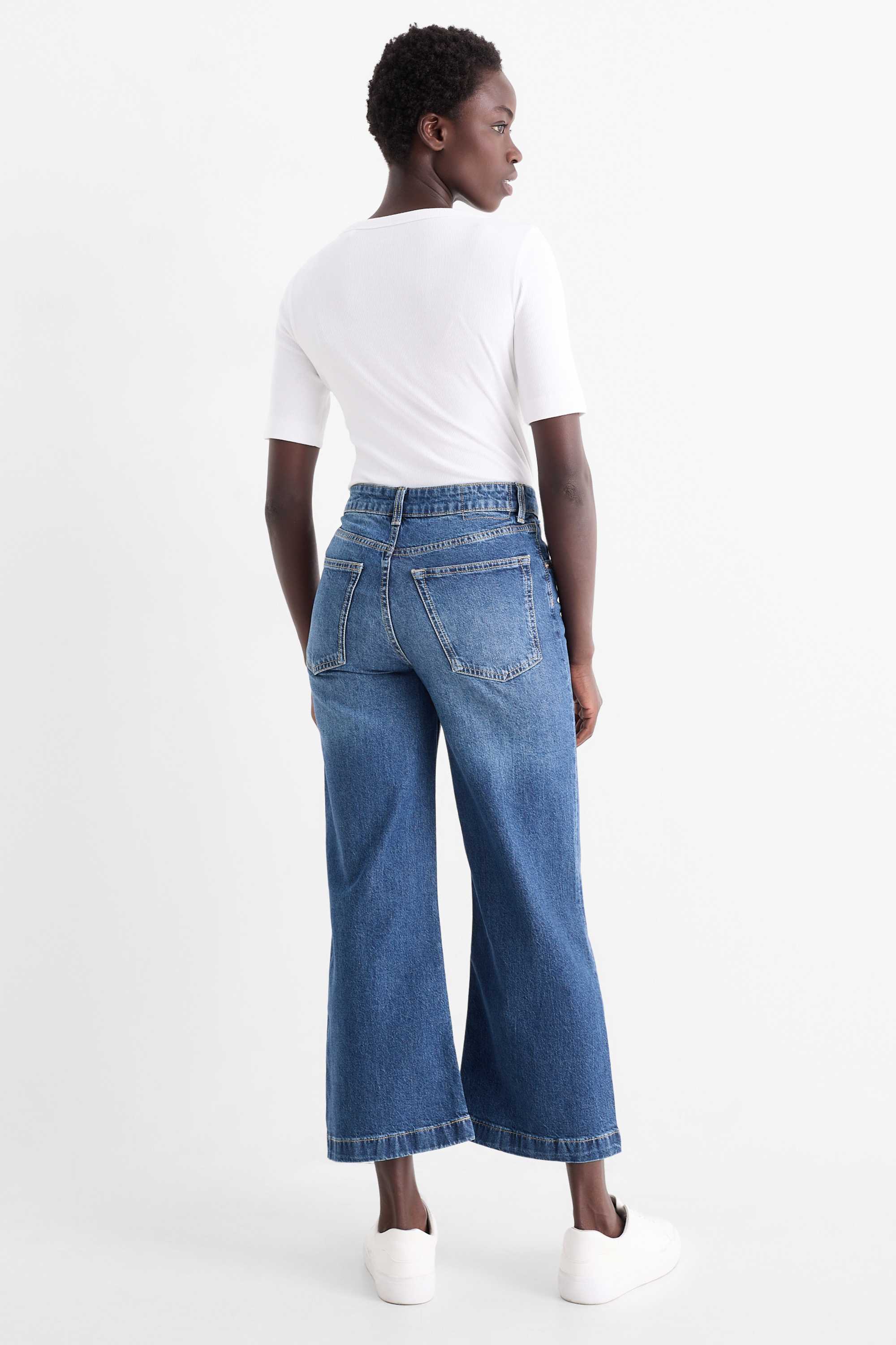 Cropped wide leg jeans - mid-rise waist denim-dark blue (2)