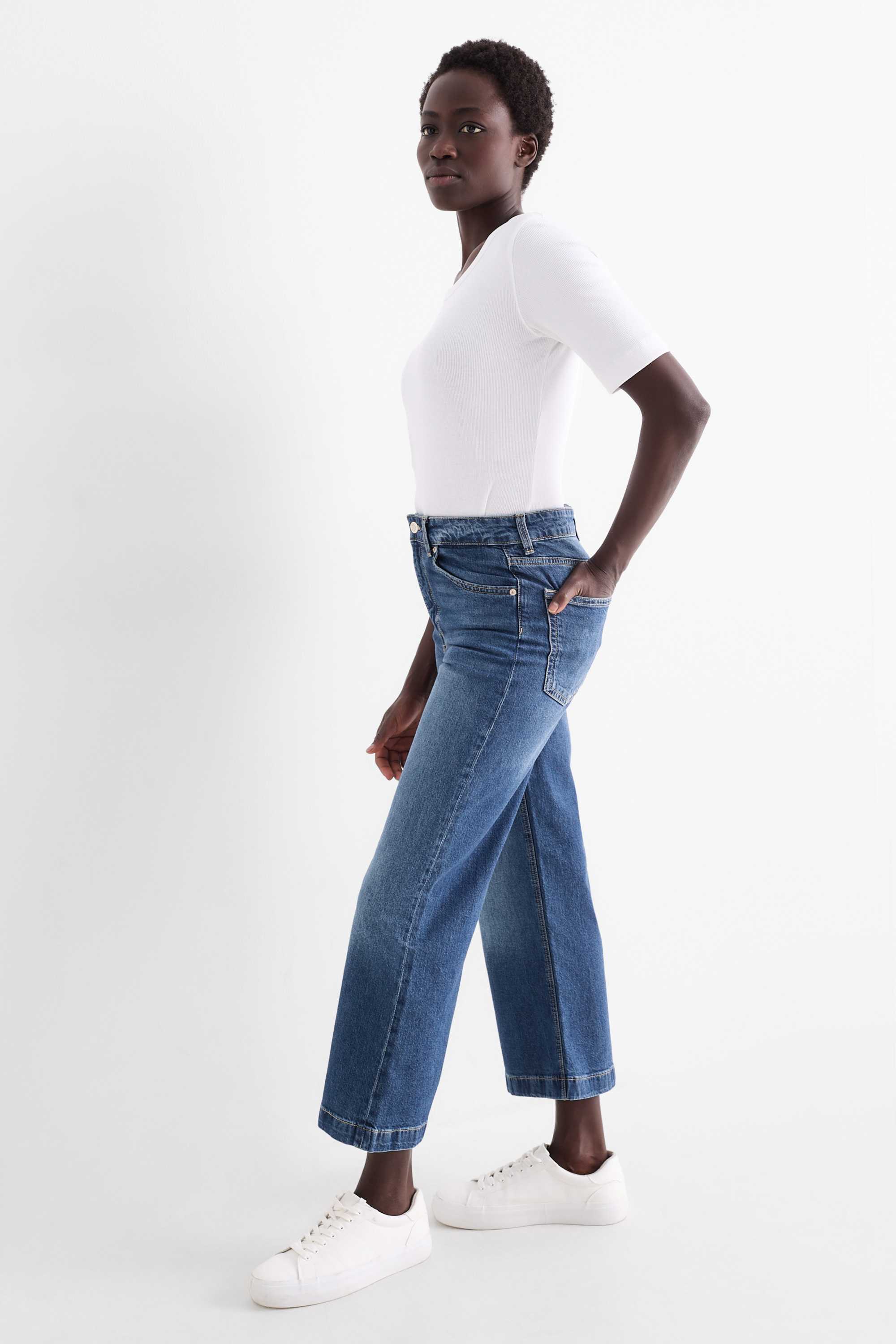 Cropped wide leg jeans - mid-rise waist denim-dark blue (2)