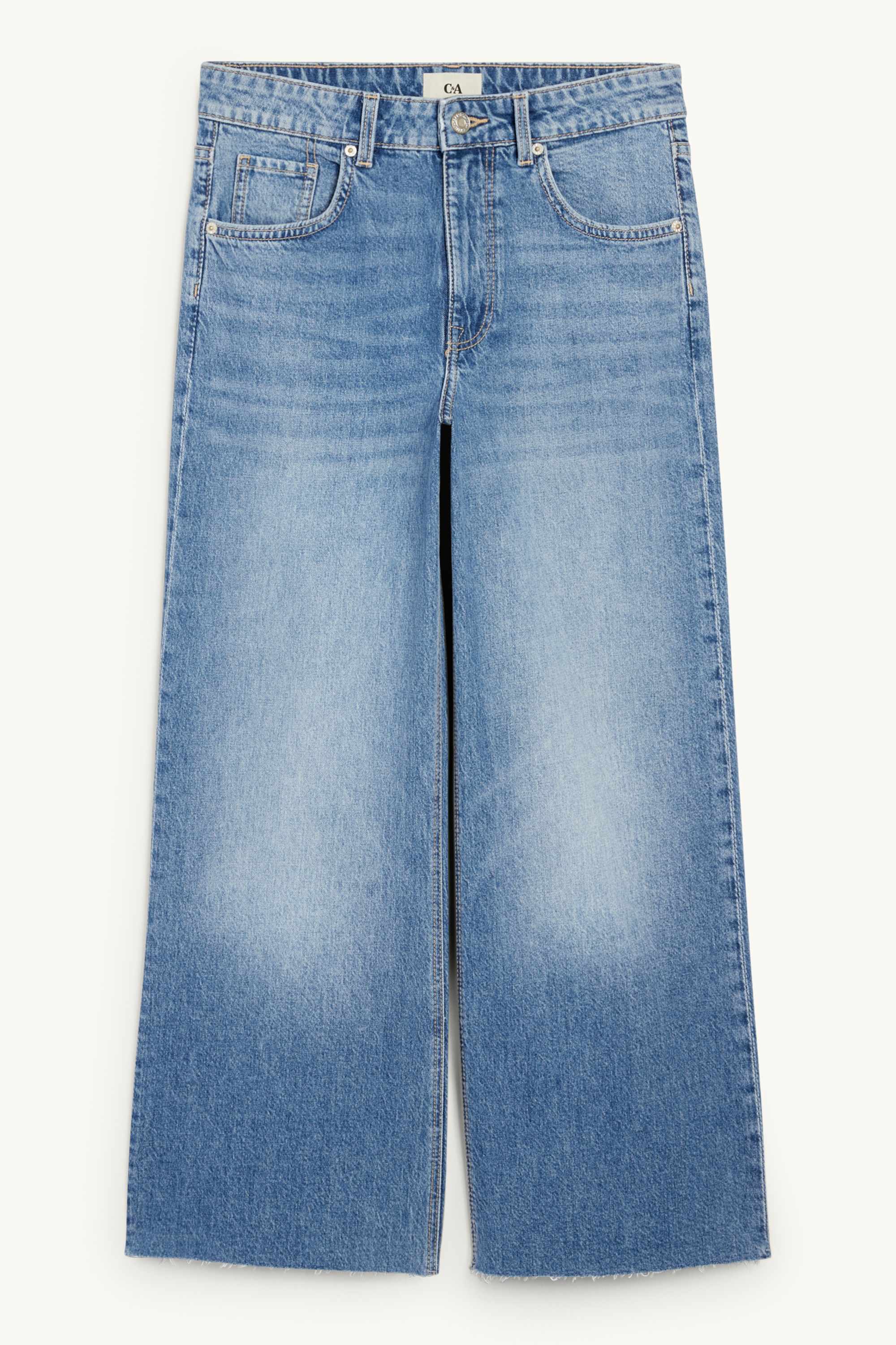 Cropped wide leg jeans - mid-rise waist blue denim