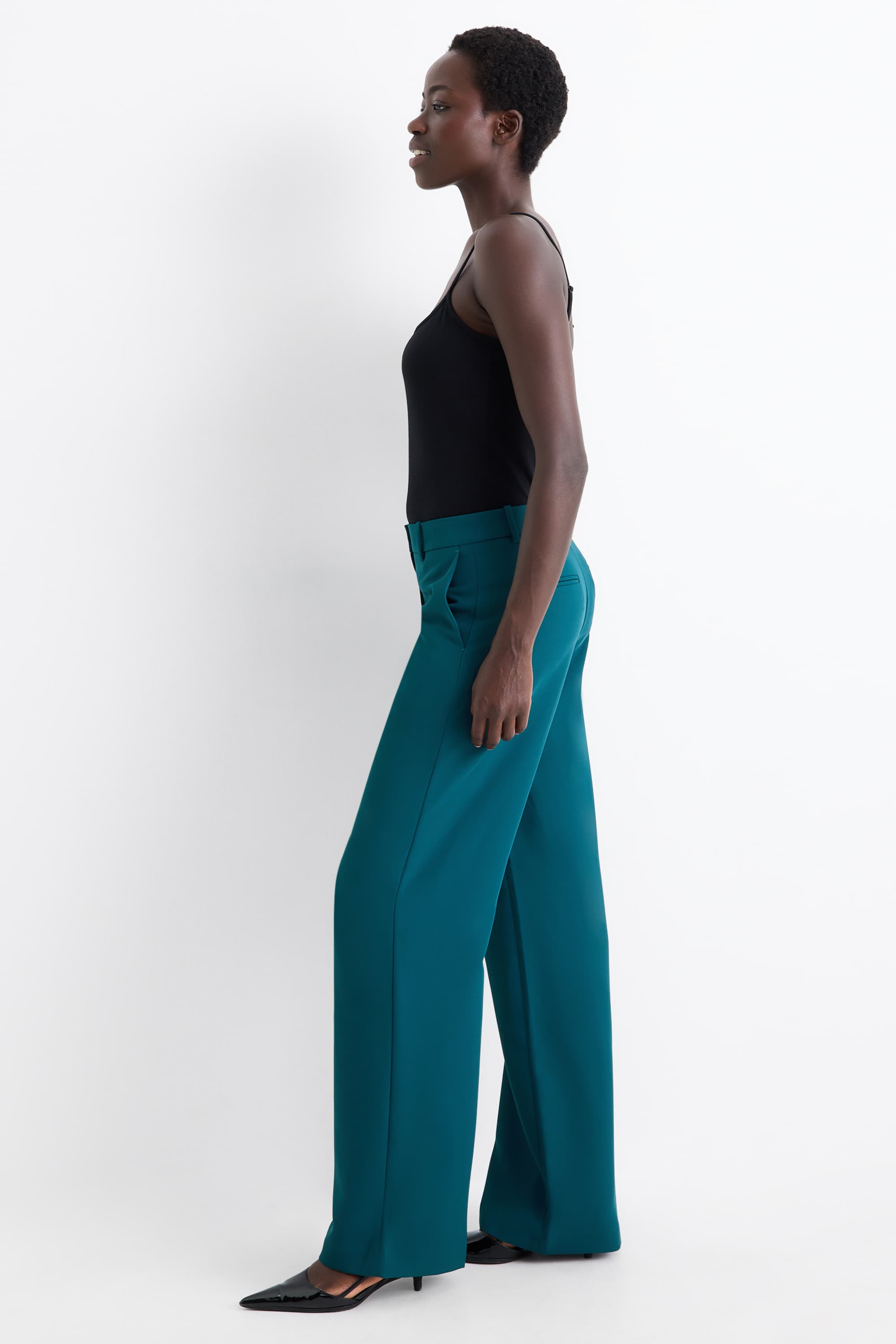 Business trousers - mid-rise waist - wide leg petrol