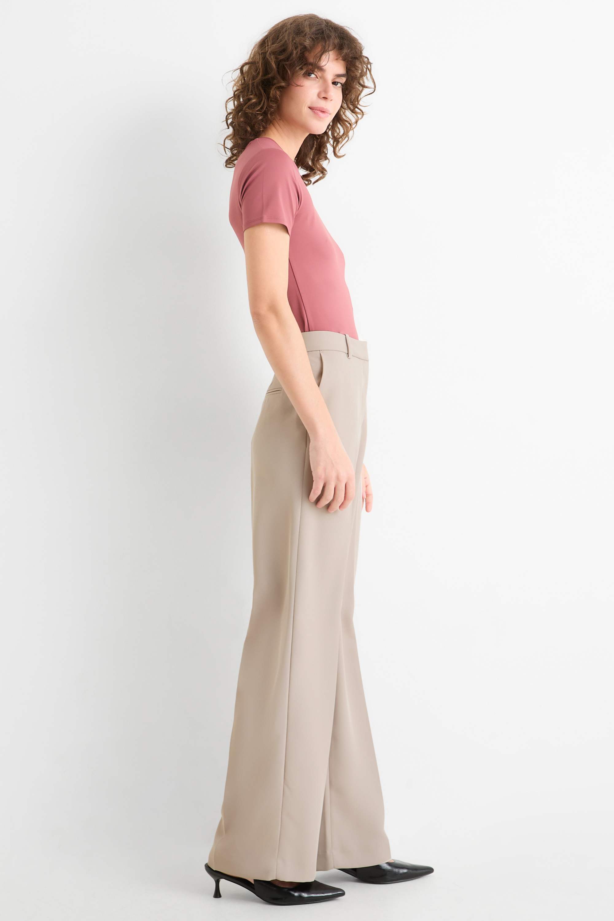 Business trousers - mid-rise waist - wide leg taupe