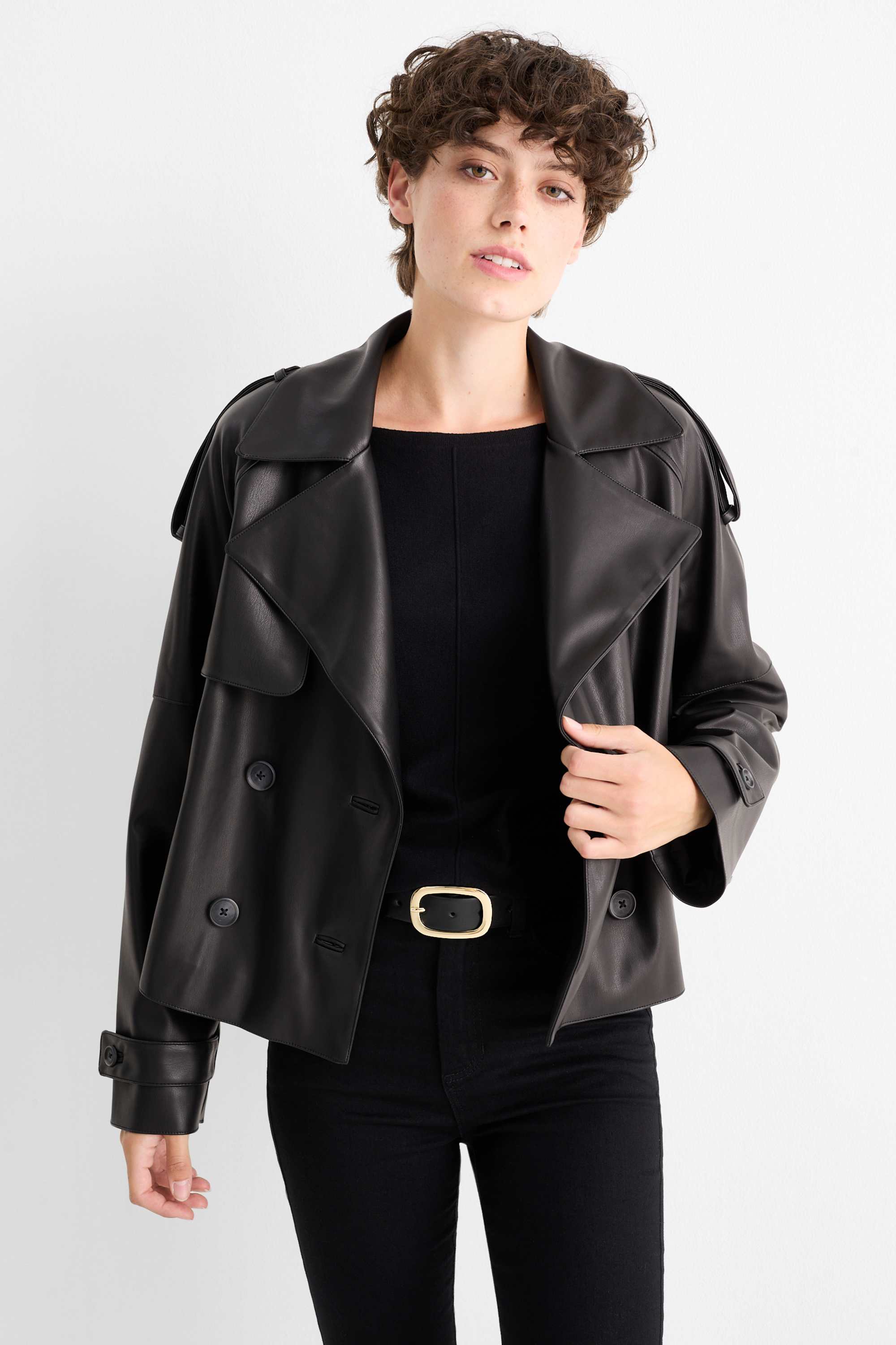 Cropped trench coat - faux leather black