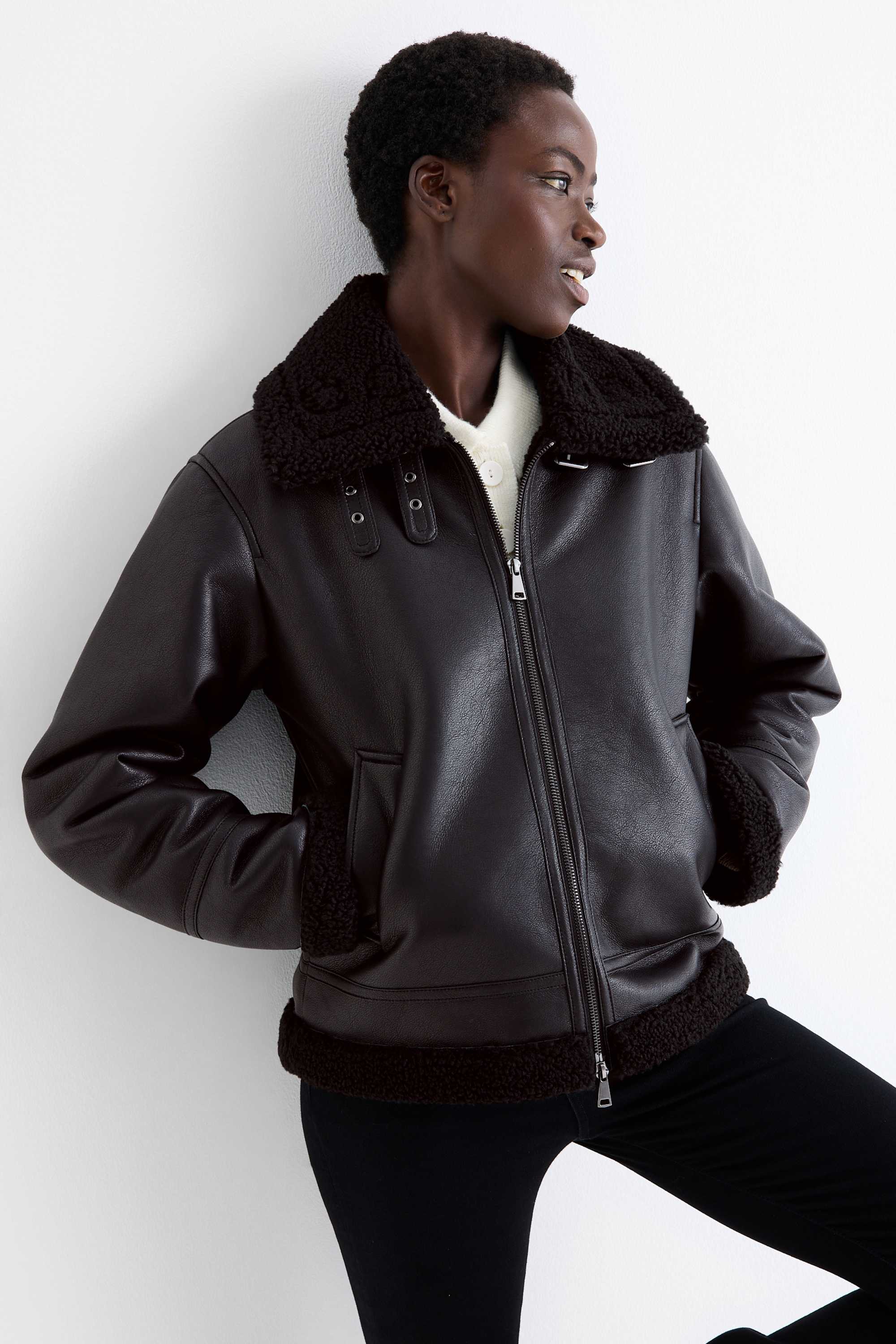 Faux shearling jacket - faux leather black