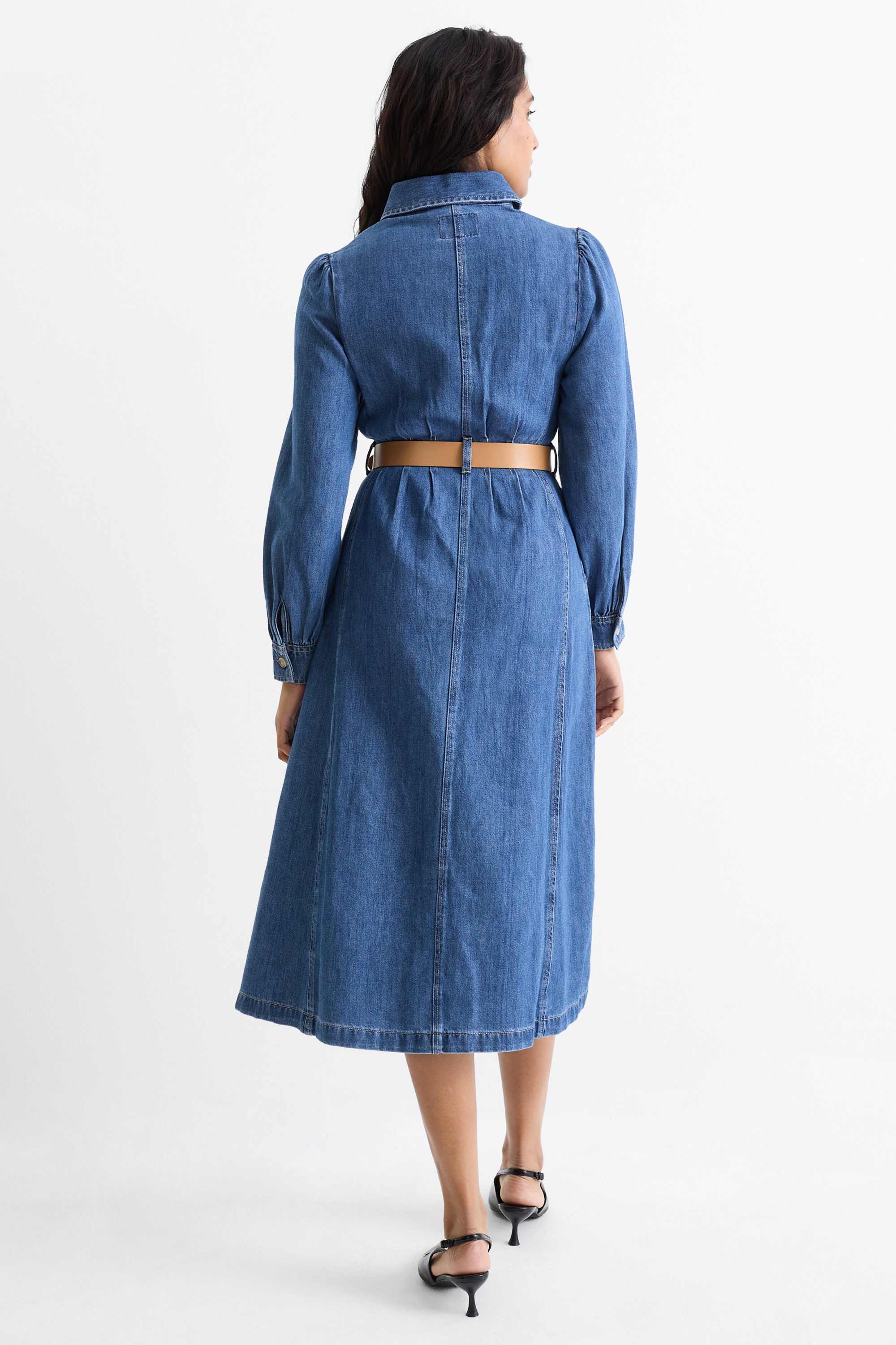 Denim shirt dress with V-neck and belt blue denim