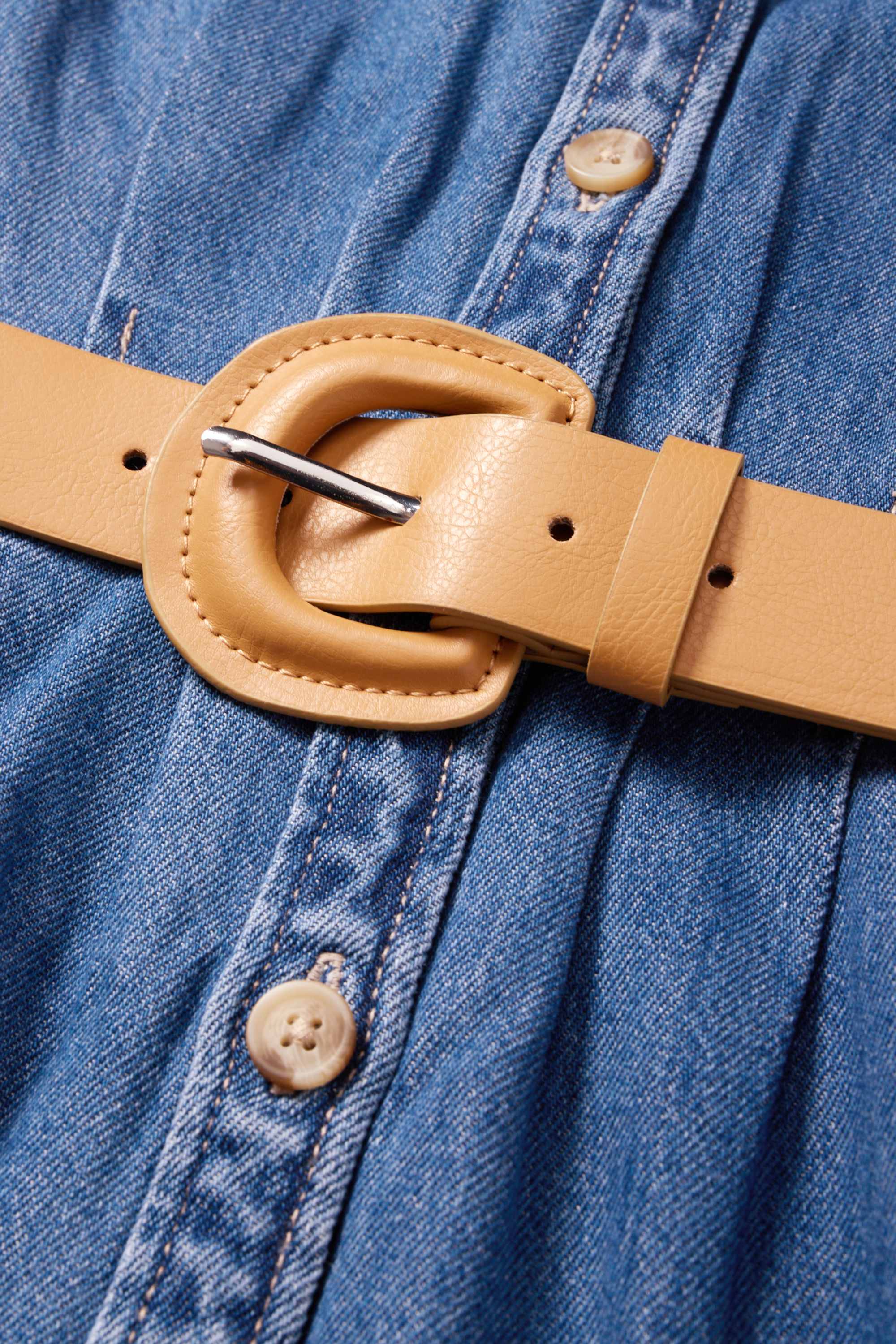 Denim shirt dress with V-neck and belt blue denim