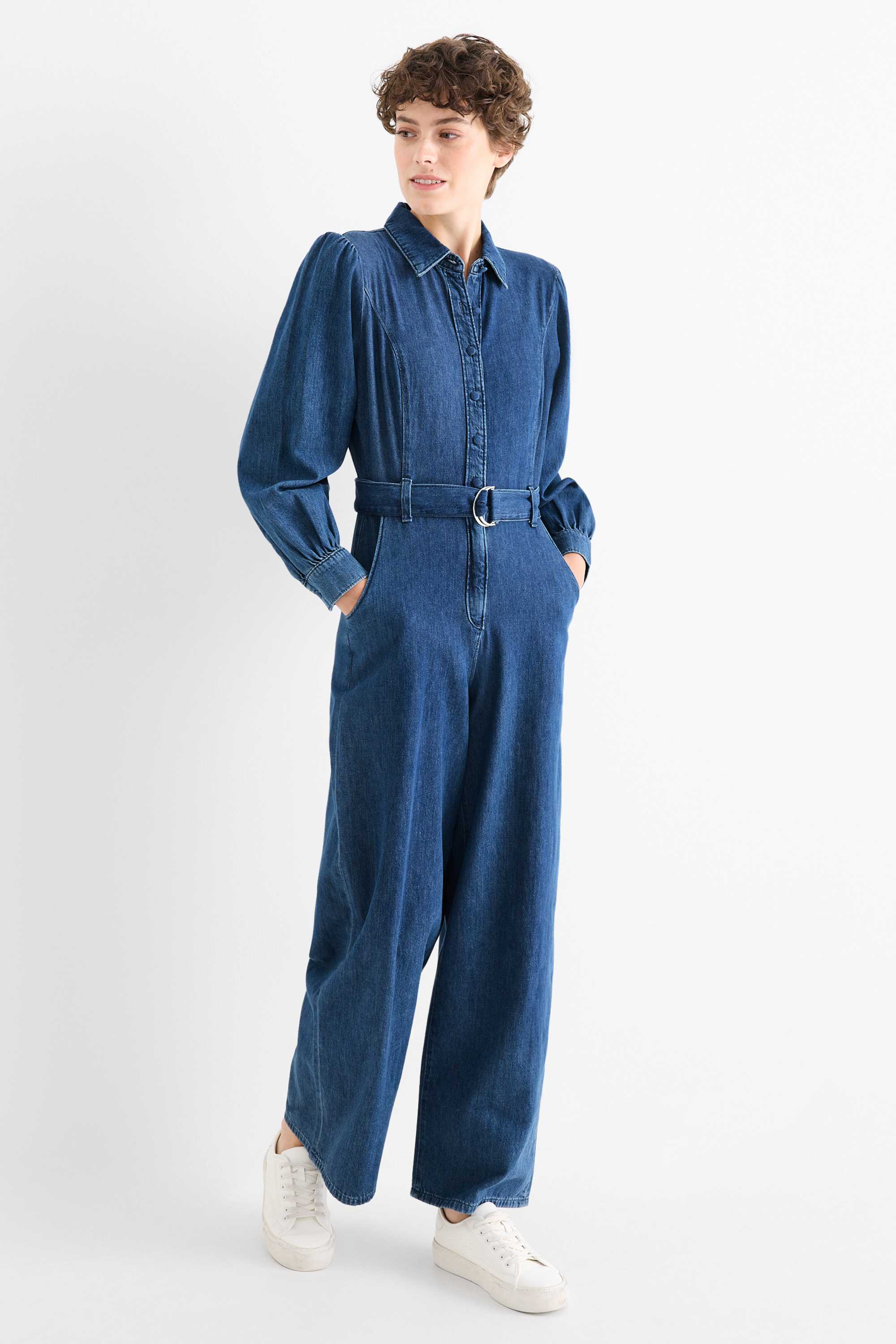 Denim jumpsuit with belt blue denim