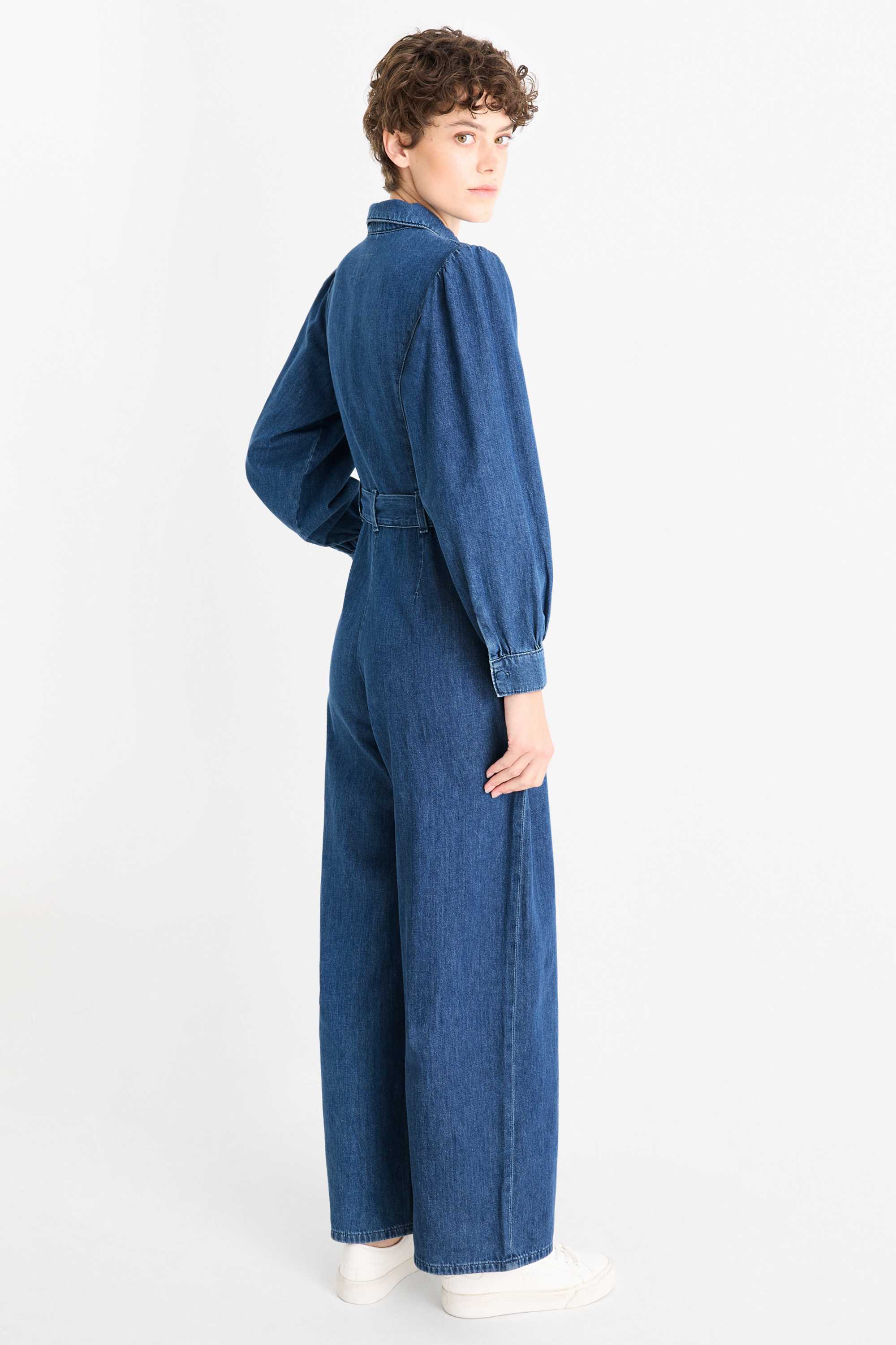 Denim jumpsuit with belt blue denim