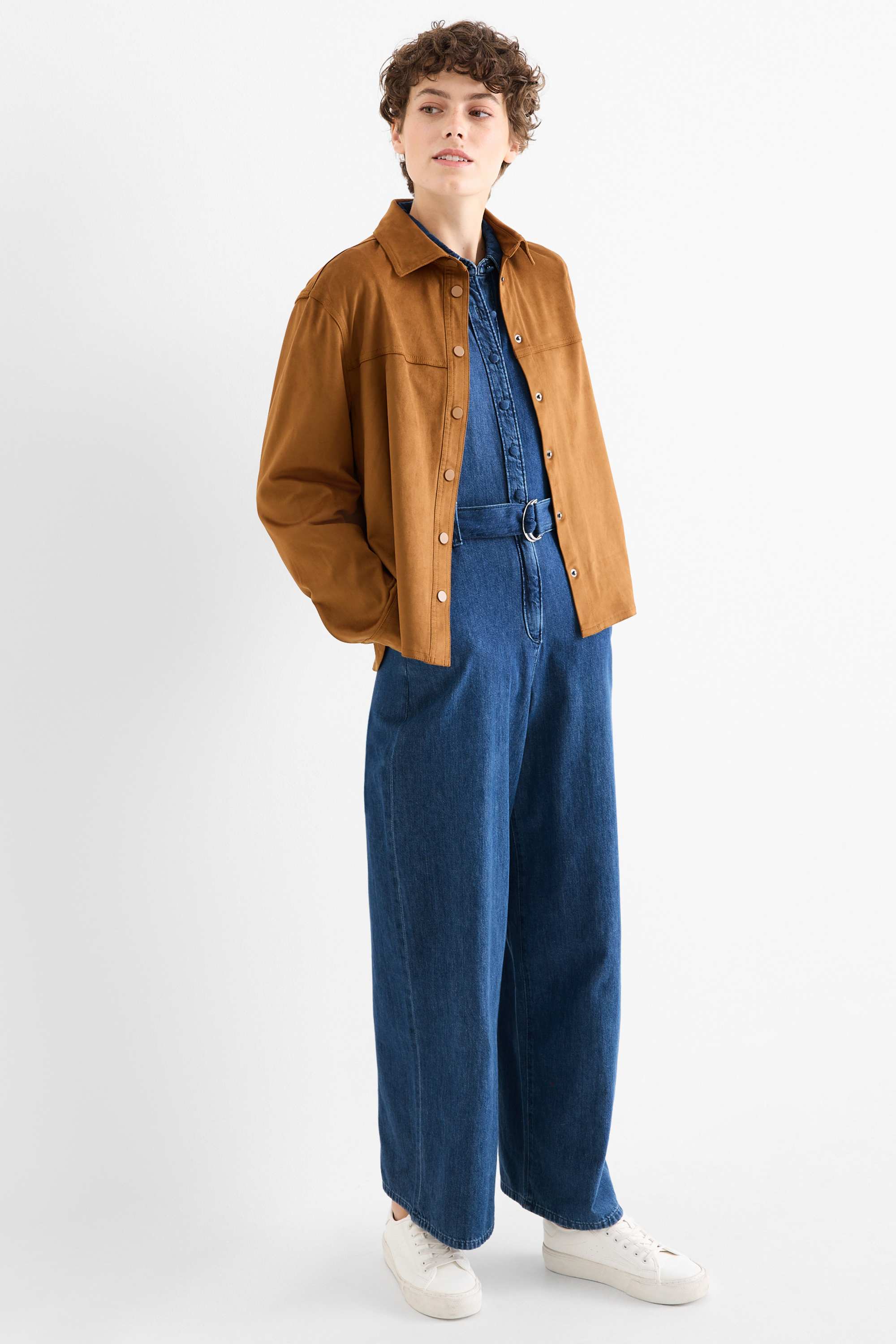 Denim jumpsuit with belt blue denim