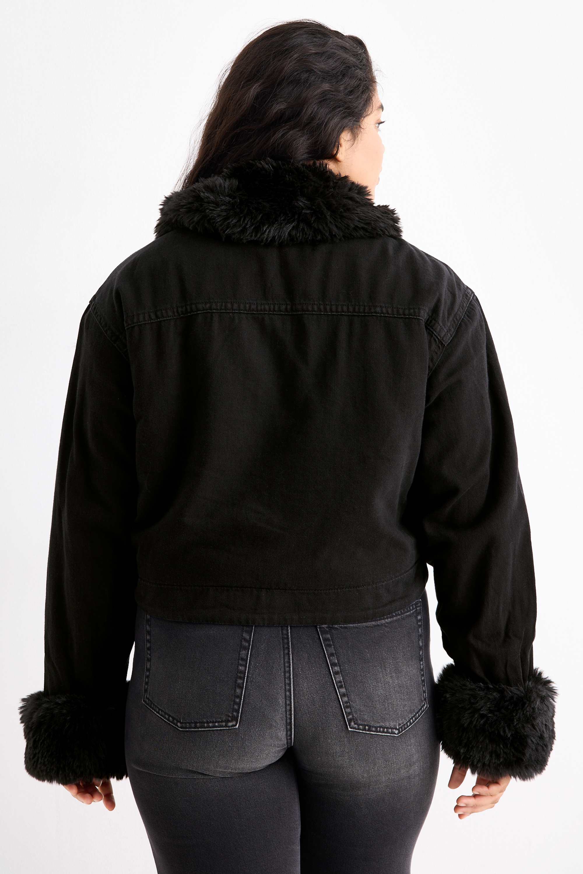 Denim jacket with faux fur trim - lined black