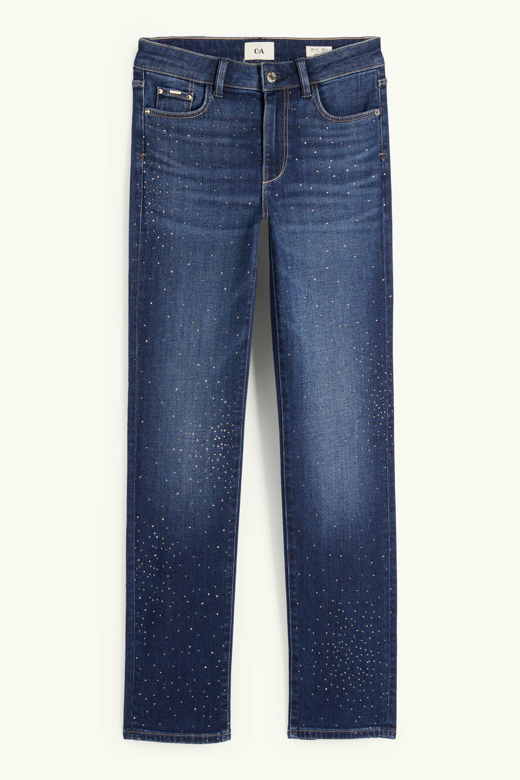 Straight jeans with rhinestones - mid-rise waist denim-dark blue