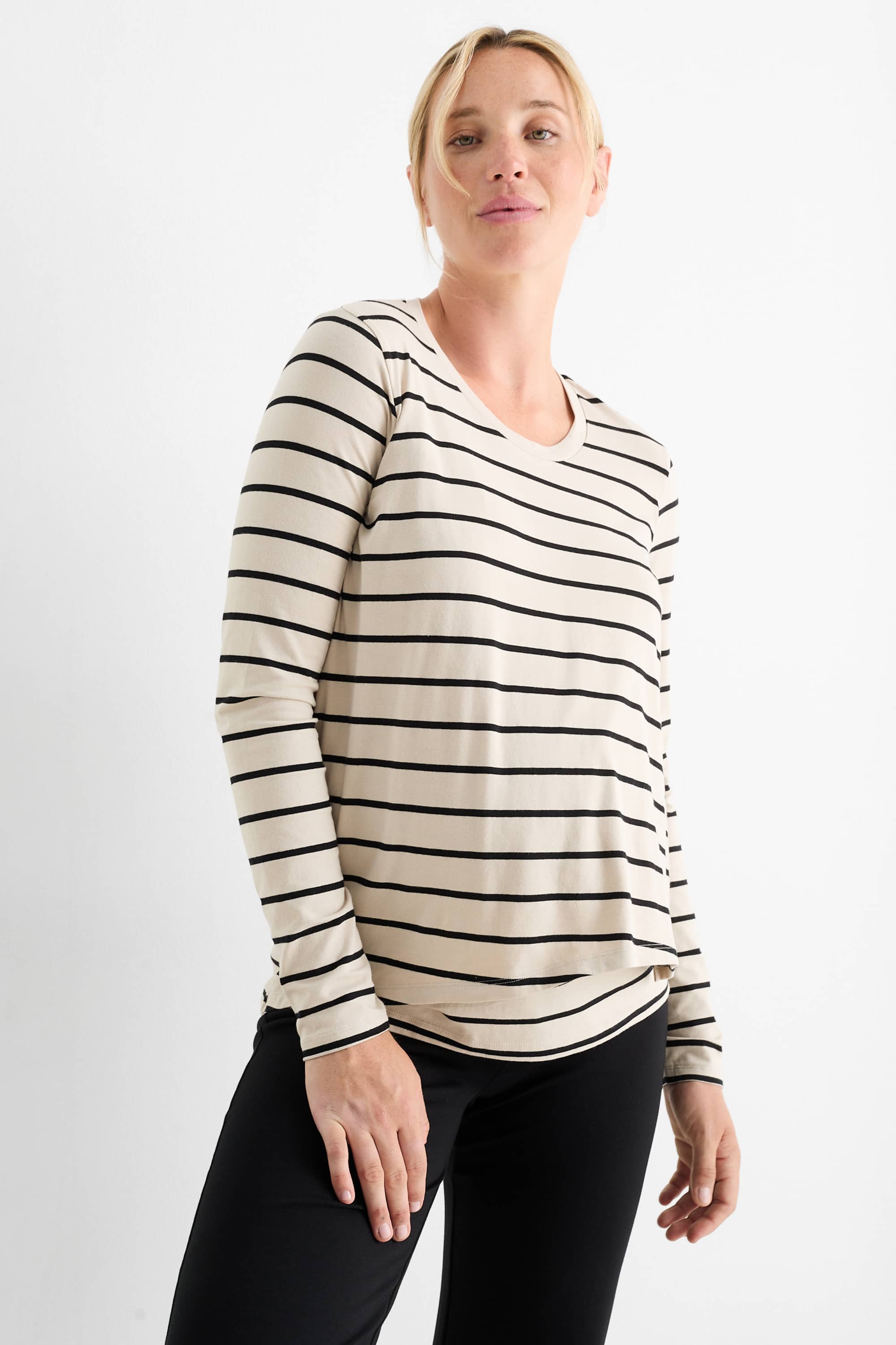 Maternity long sleeve top - striped light beige