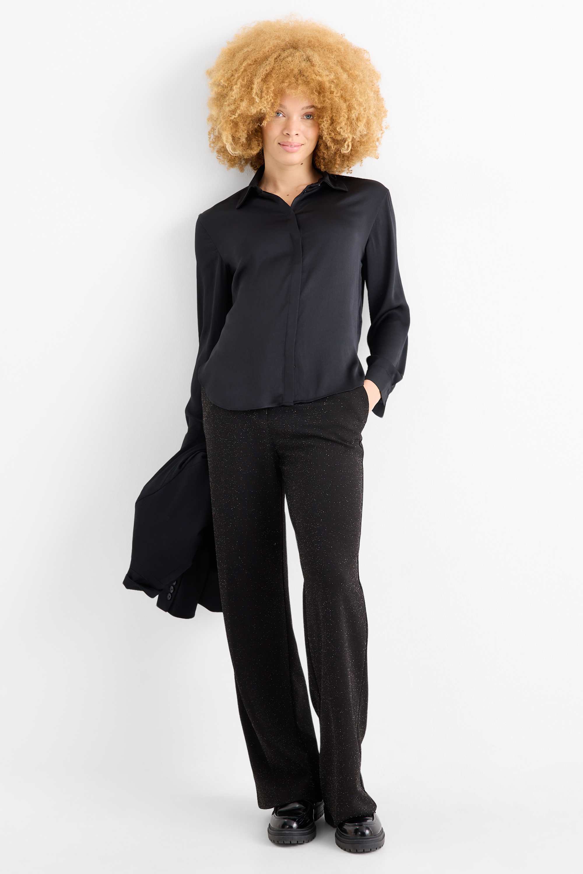 Trousers - high waist - wide leg - shiny black