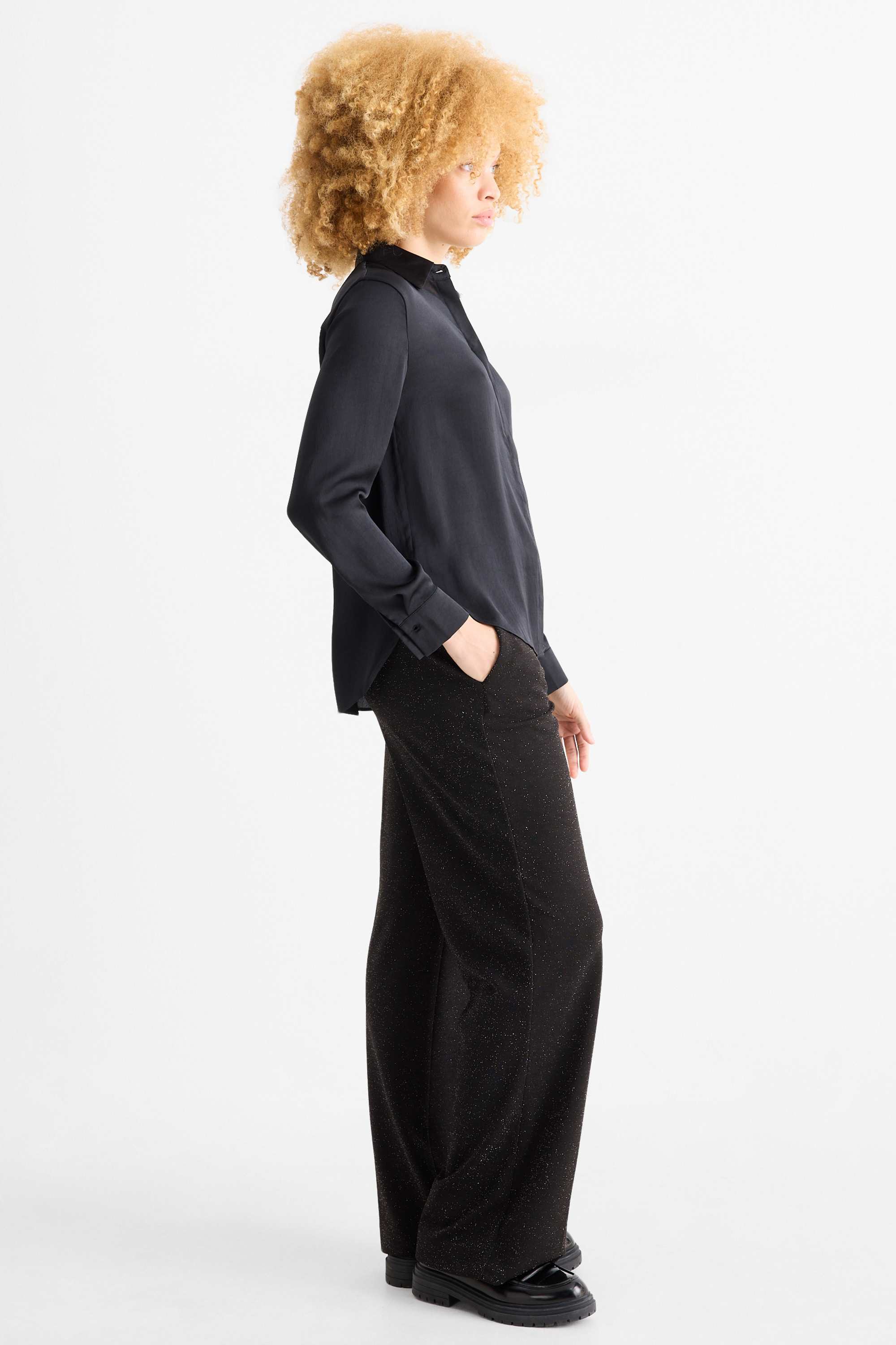 Trousers - high waist - wide leg - shiny black