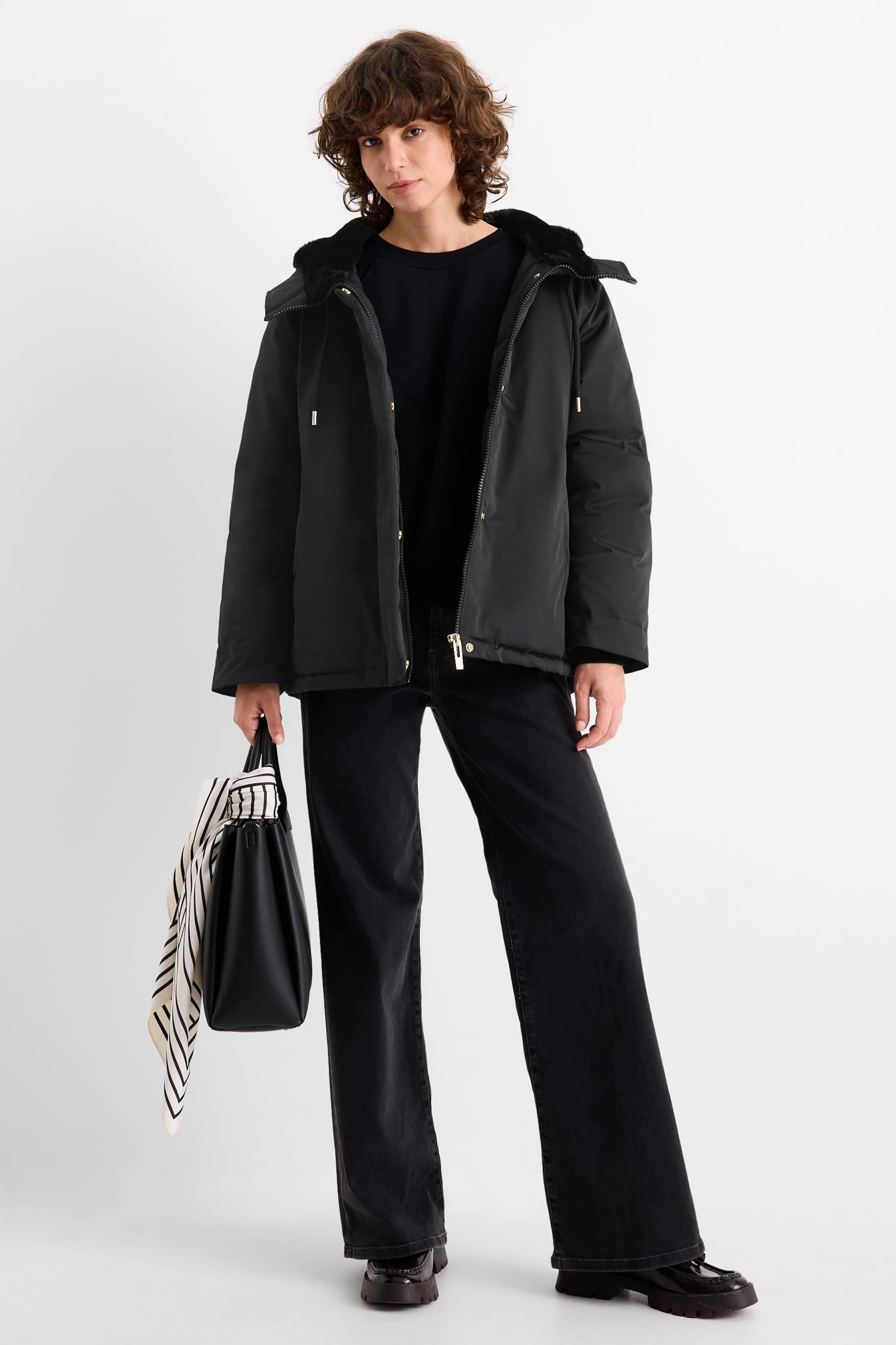 Jacket with hood - lined - water-repellent black